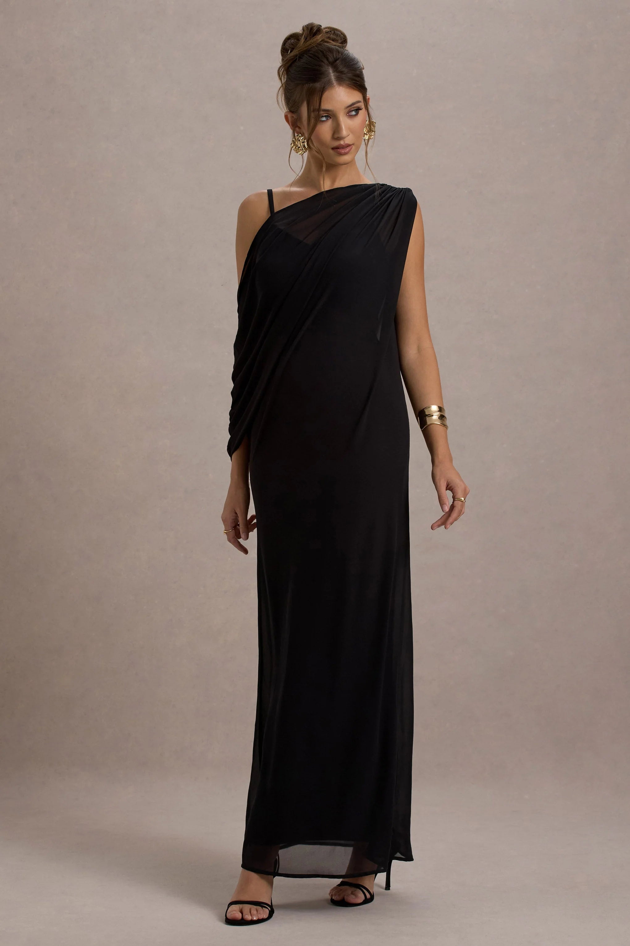 Aeliana Black Strappy V Neck Maxi Dress With Chiffon Sash