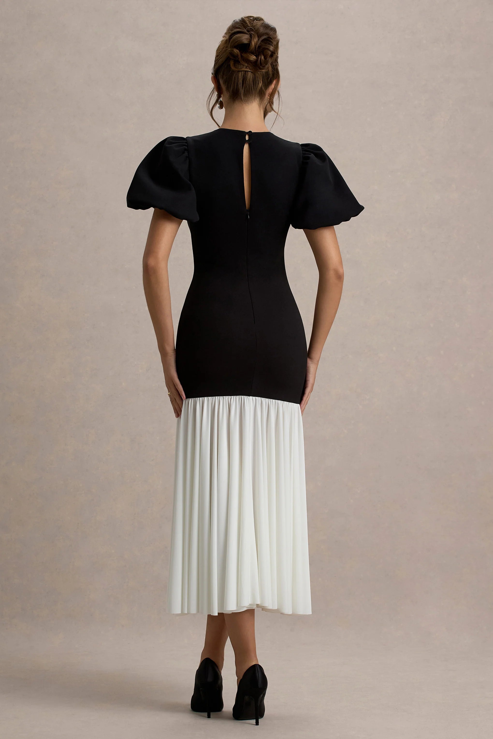 Cinzia Black White Puff Sleeve Volume Hem Midi Dress
