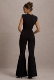 Elyna Black High Neck Draped Flared Leg Jumpsuit