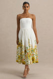 Ivory Sunflower Print Bandeau High Low Midi Dress