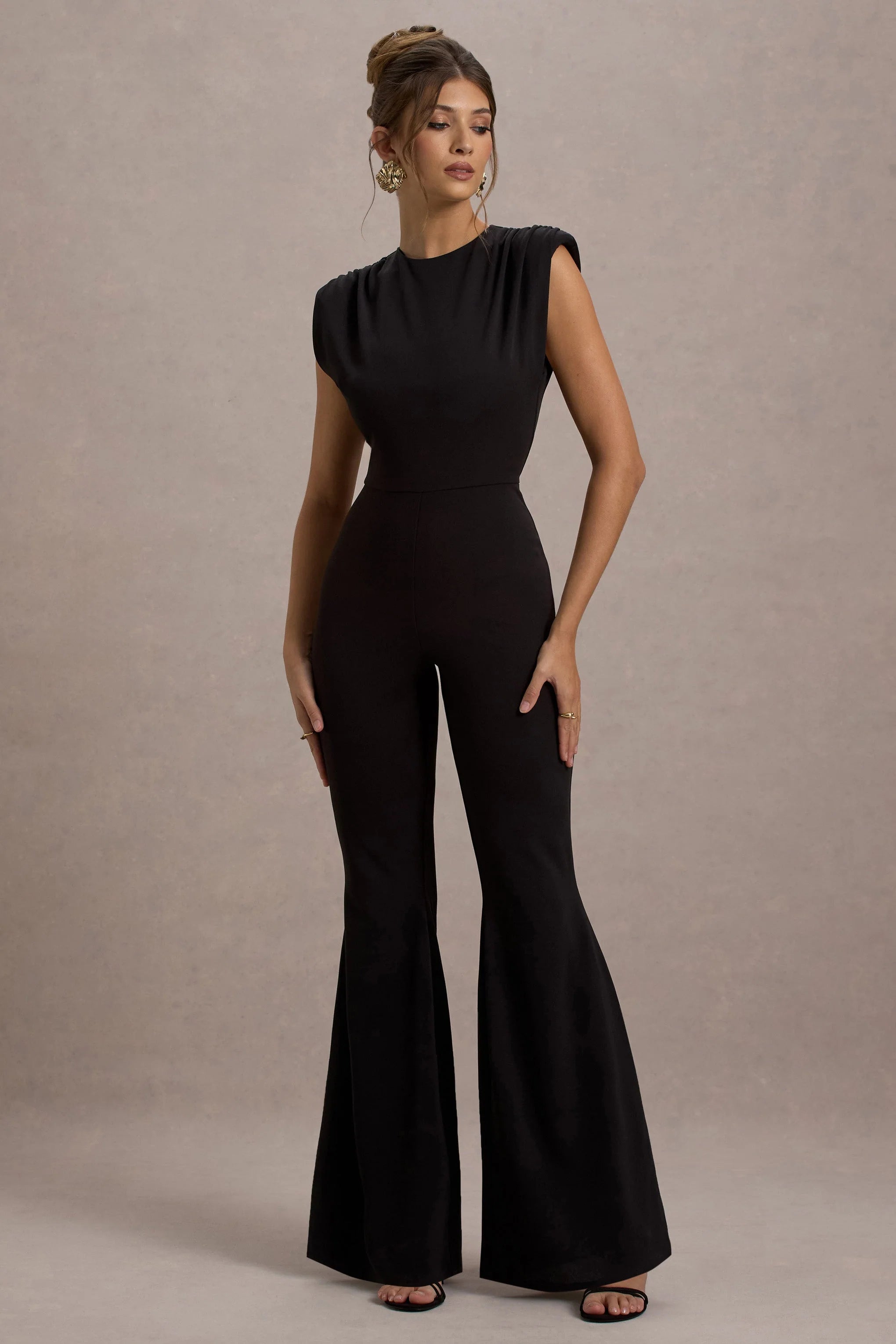Elyna Black High Neck Draped Flared Leg Jumpsuit