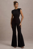 Elyna Black High Neck Draped Flared Leg Jumpsuit