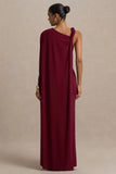 Cressida Burgundy Asymmetric Neck Maxi Dress With Cape And Gold Detail