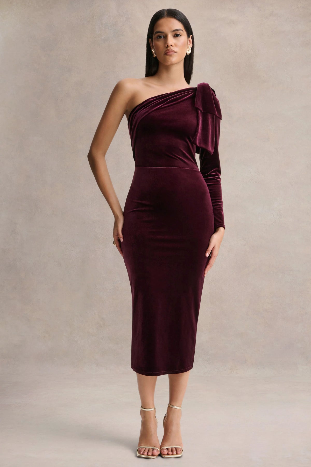 Vespera Burgundy Velvet Asymmetric Neck Midi Dress With Bow Detail