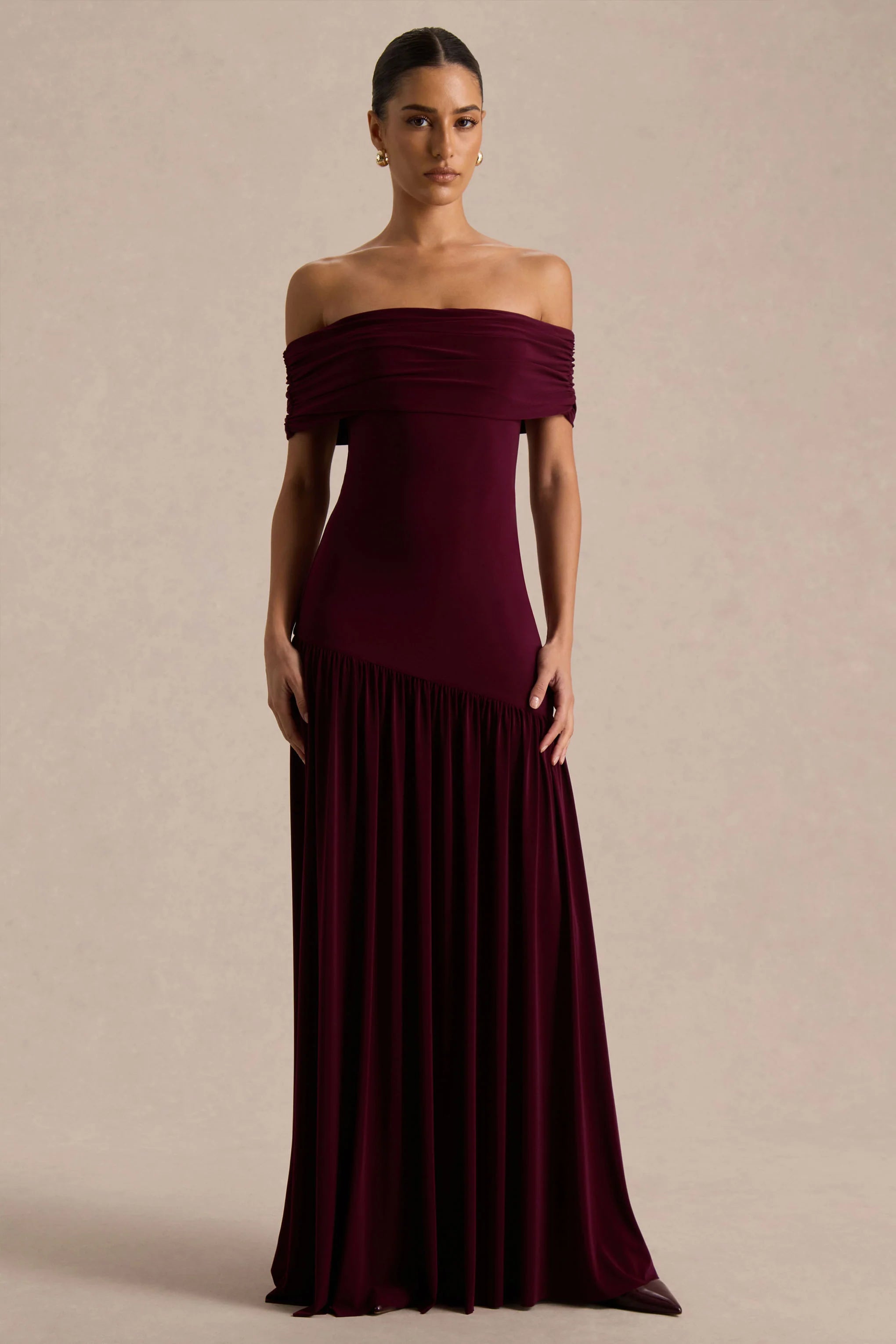Venezia Burgundy Bardot Maxi Dress With Drop Waist