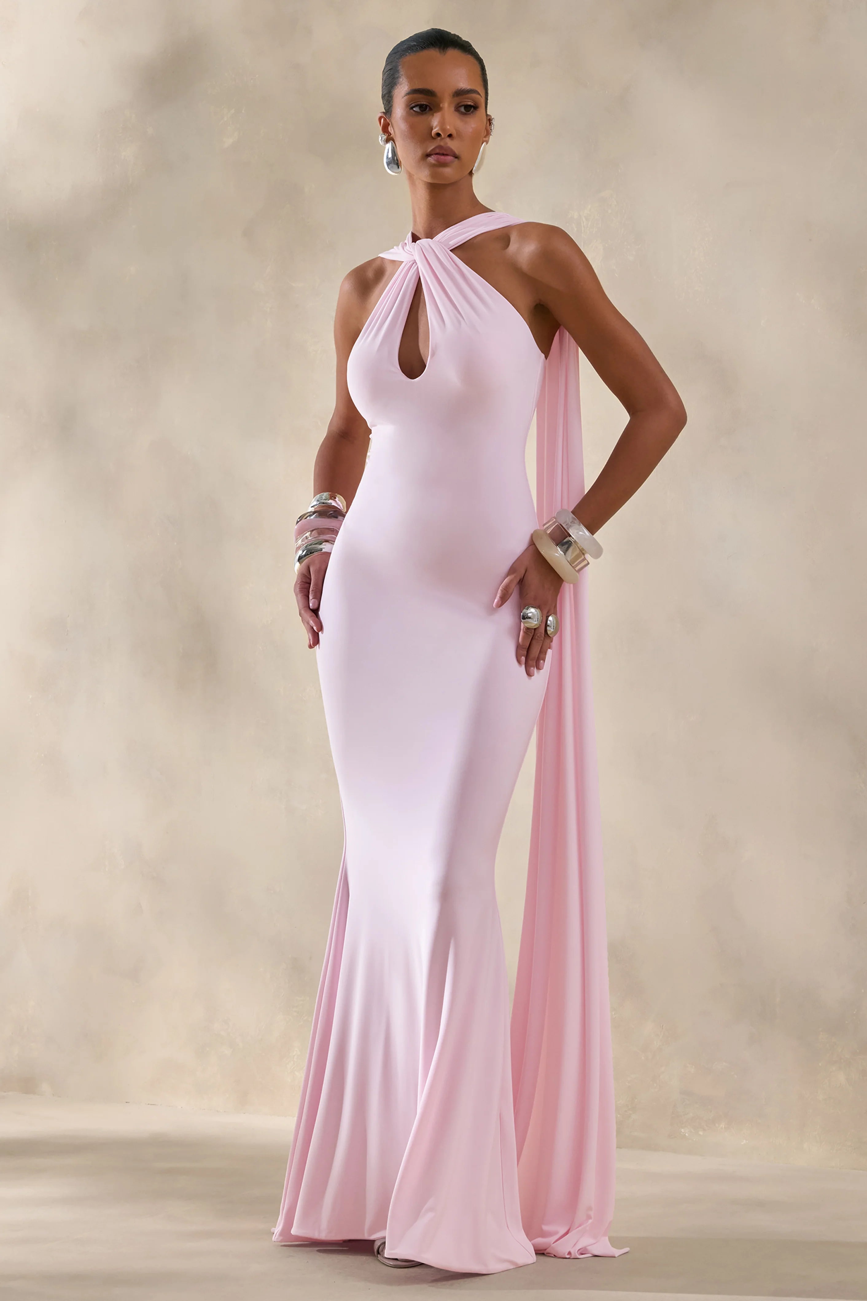 Rhoda Light Pink Twist Halter Neck Cape Maxi Dress