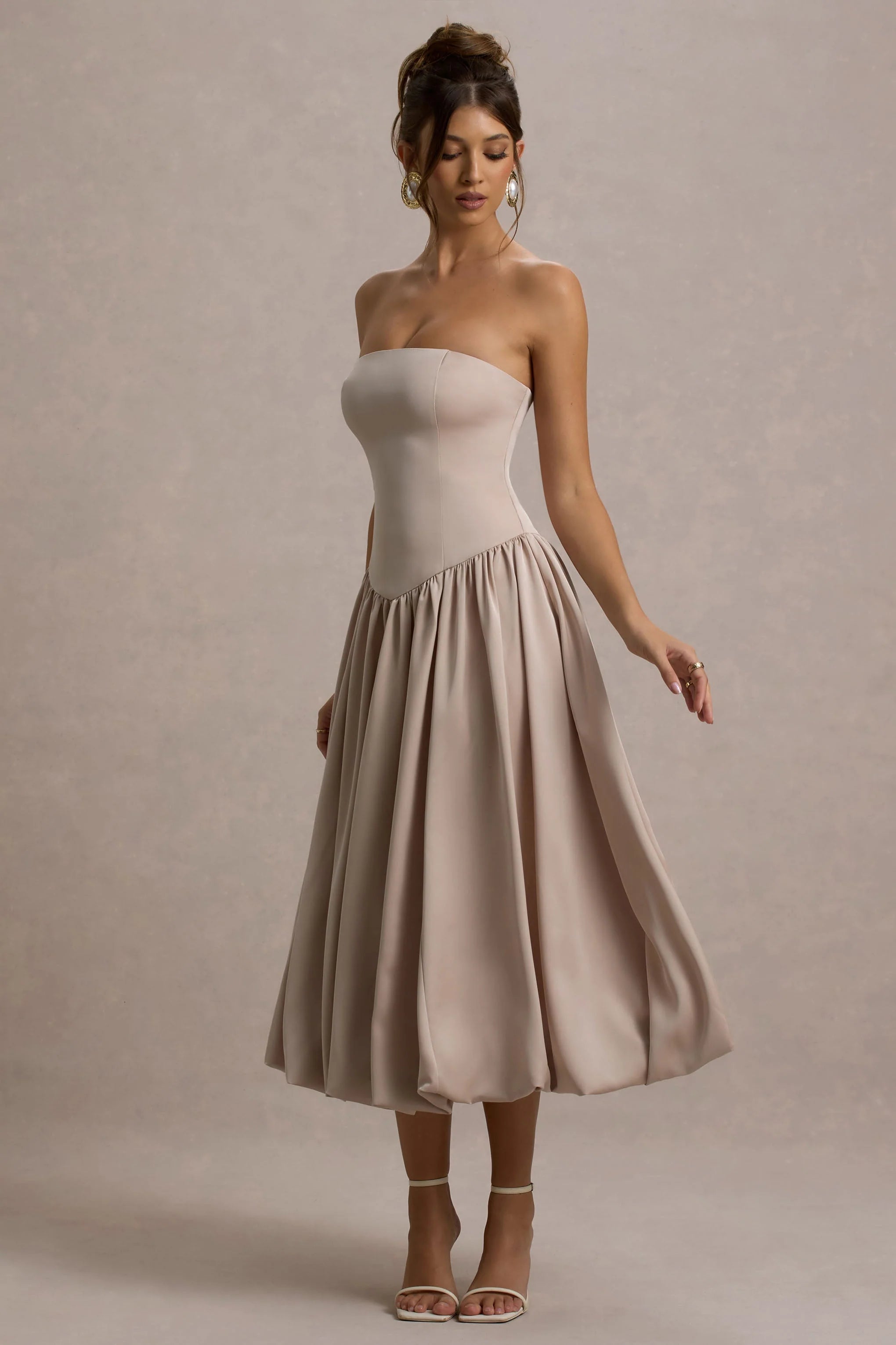 Keyton Champagne Satin Bandeau Midi Dress