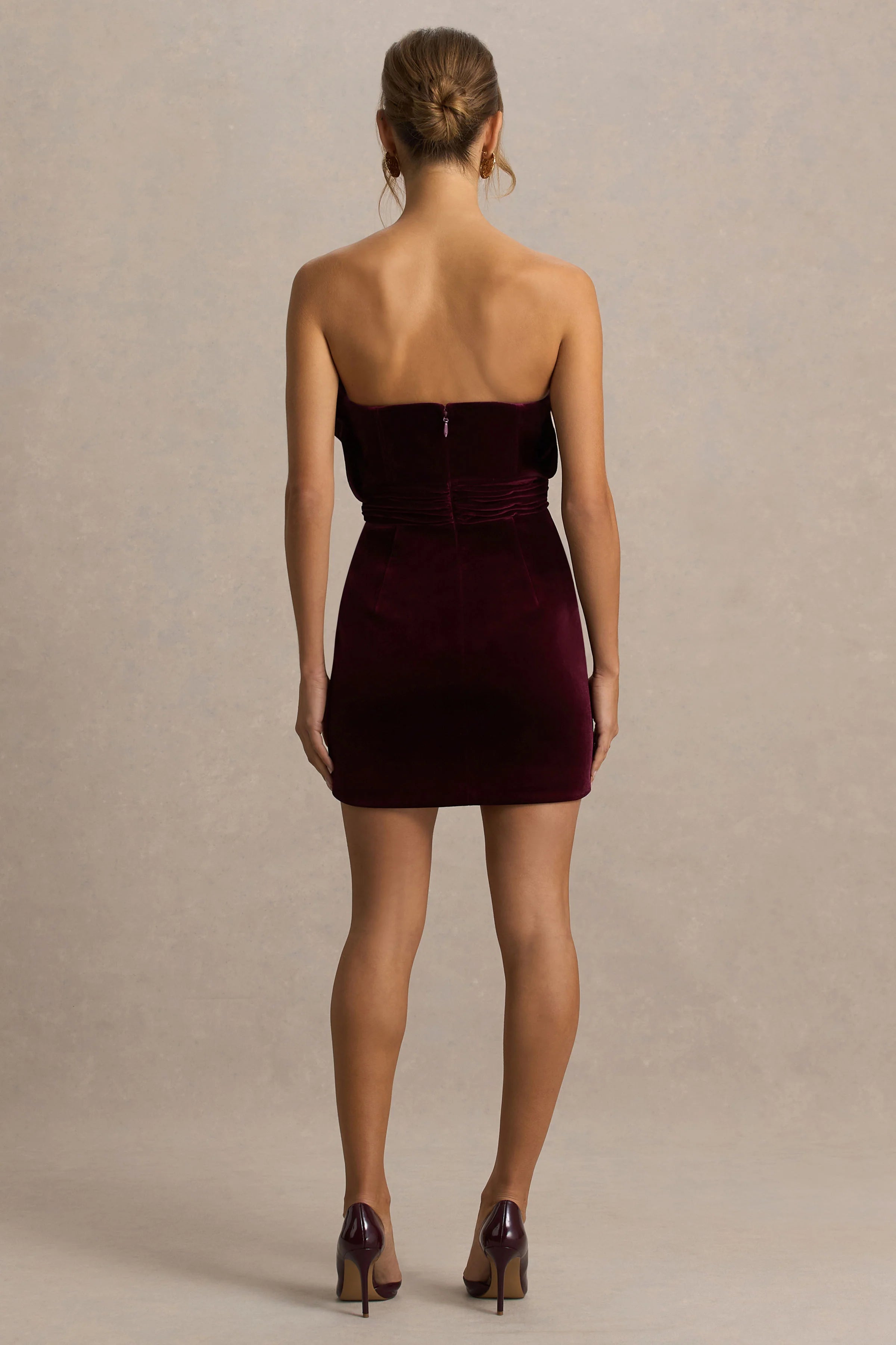 Polly Burgundy Velvet Ruffled Strapless Mini Dress