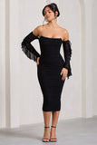 Favor Black Ruched Mesh Bardot Midi Dress