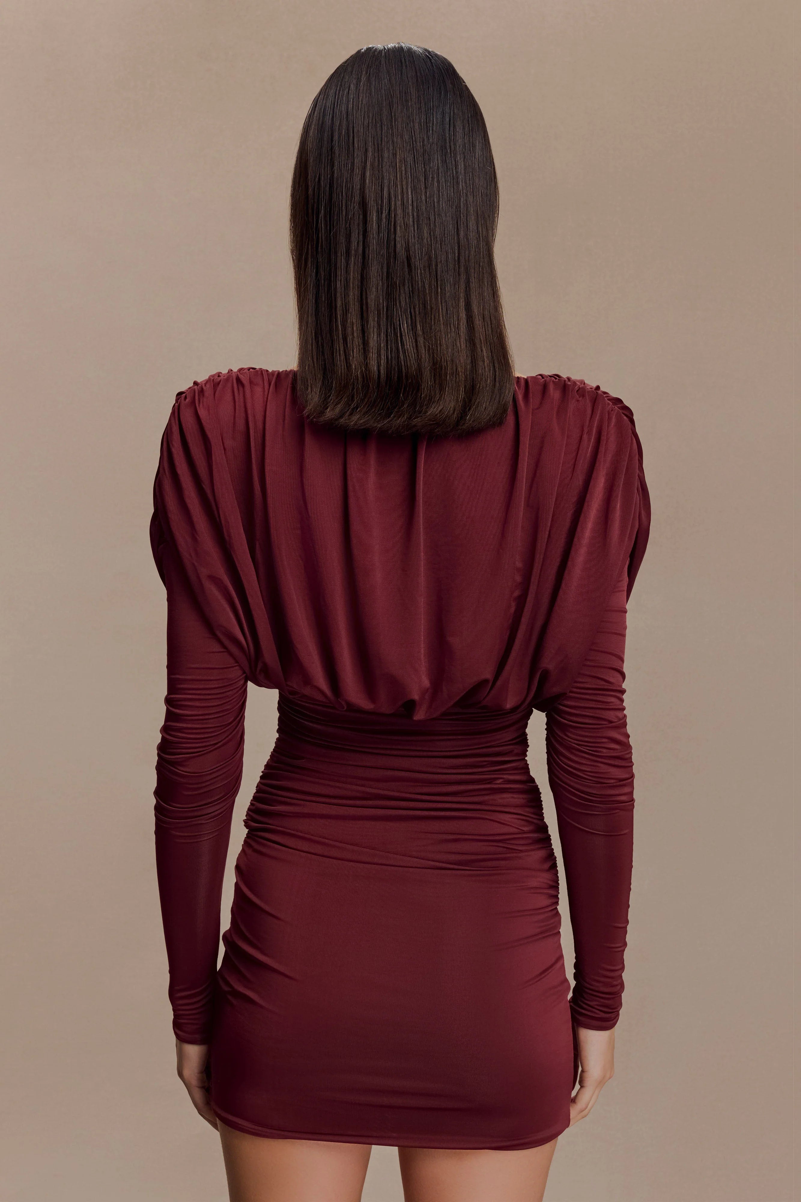 Hayden Long Sleeve Plunge Mini Dress Burgundy