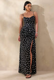 Virtue Black White Polka Dot Cowl Neck Fishtail Maxi Dress With Split