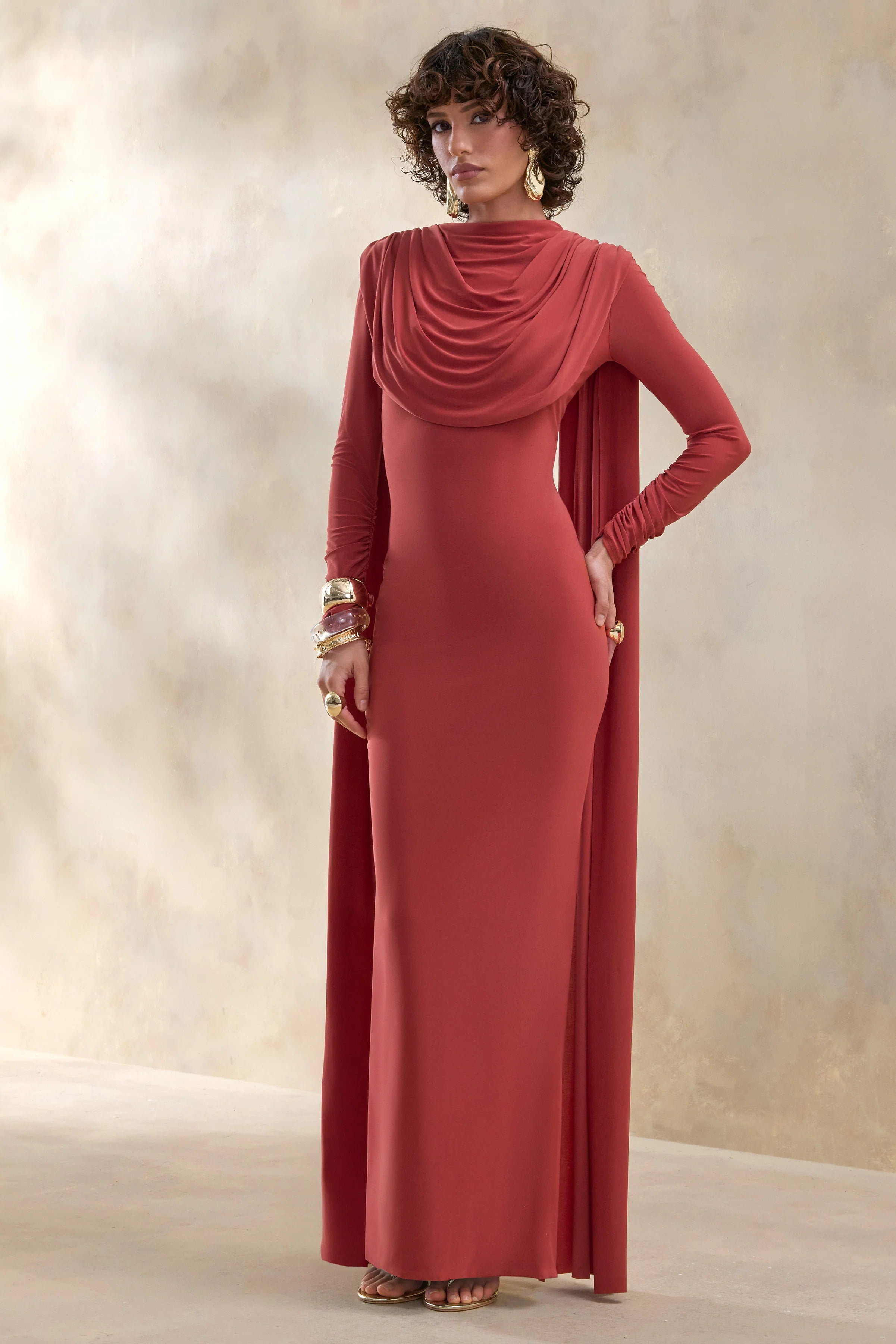 Lysoria Rust High Neck Maxi Dress With Draped Detailing And Cape Sleeves