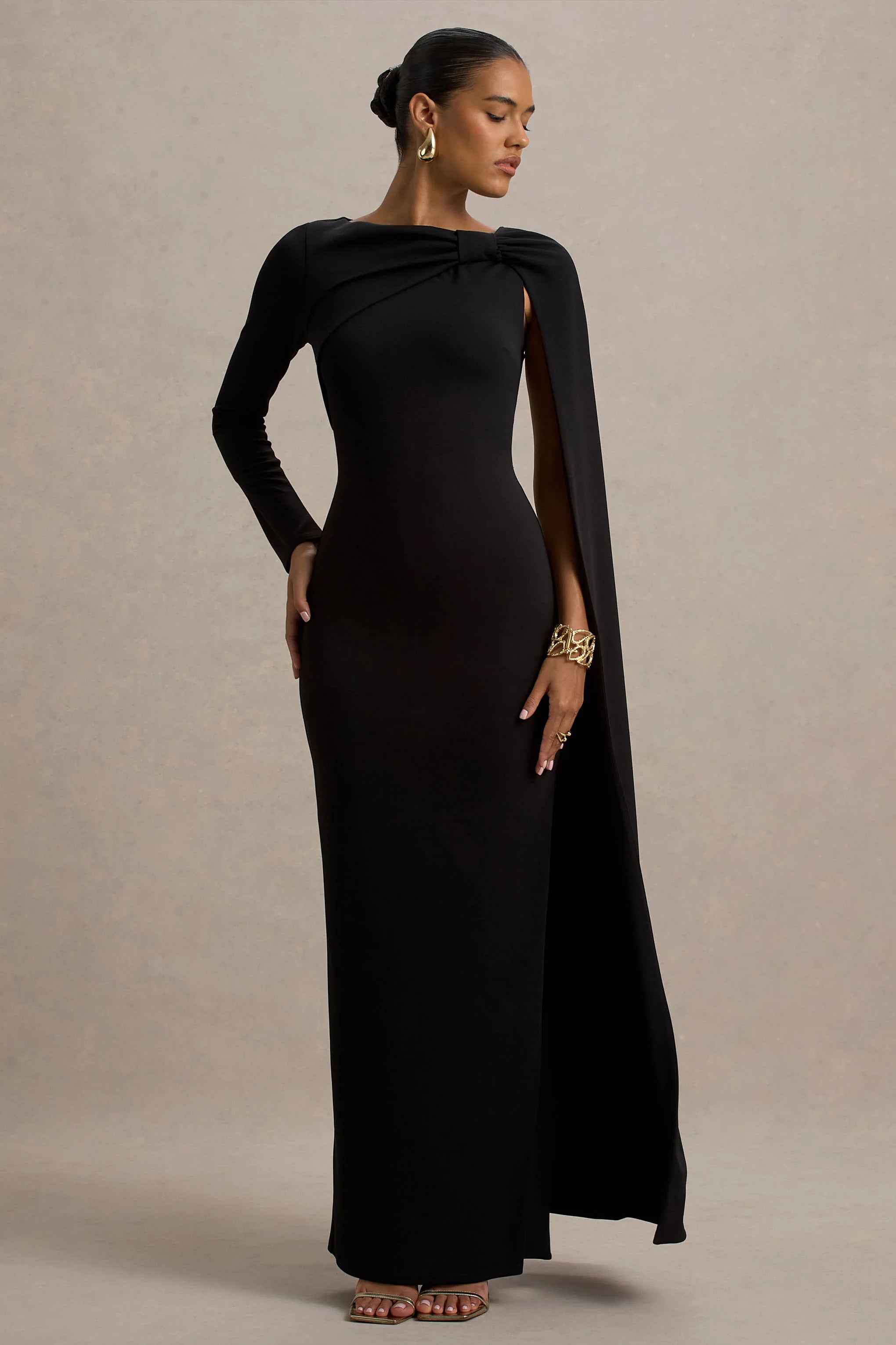 Frances Black High Neck Maxi Dress With Cape Detail