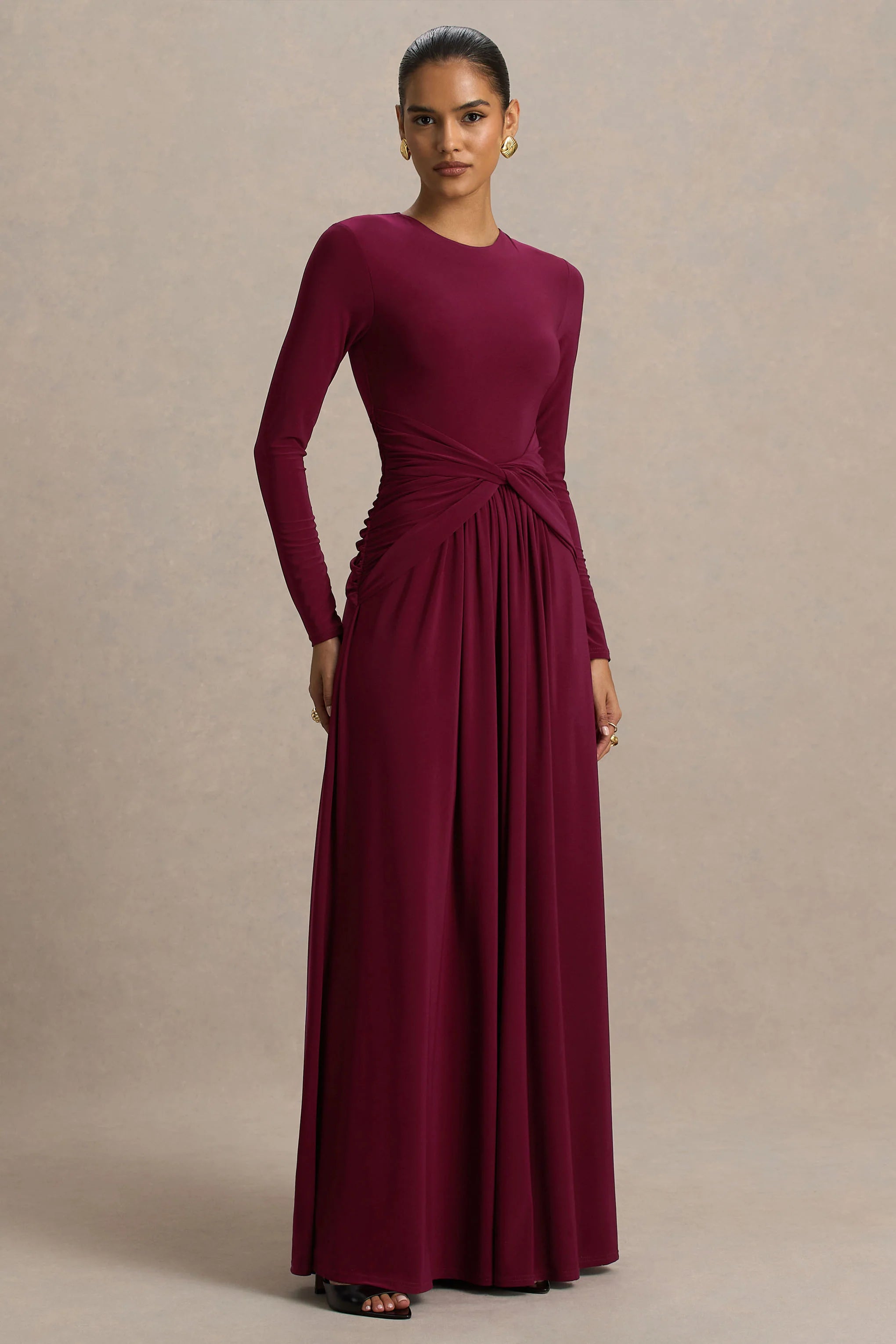 Estrella Berry High Neck Maxi Dress With Ruched Detailing