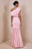 Kady Pink Asymmetric Neck Maxi Dress With Ruched Detailing