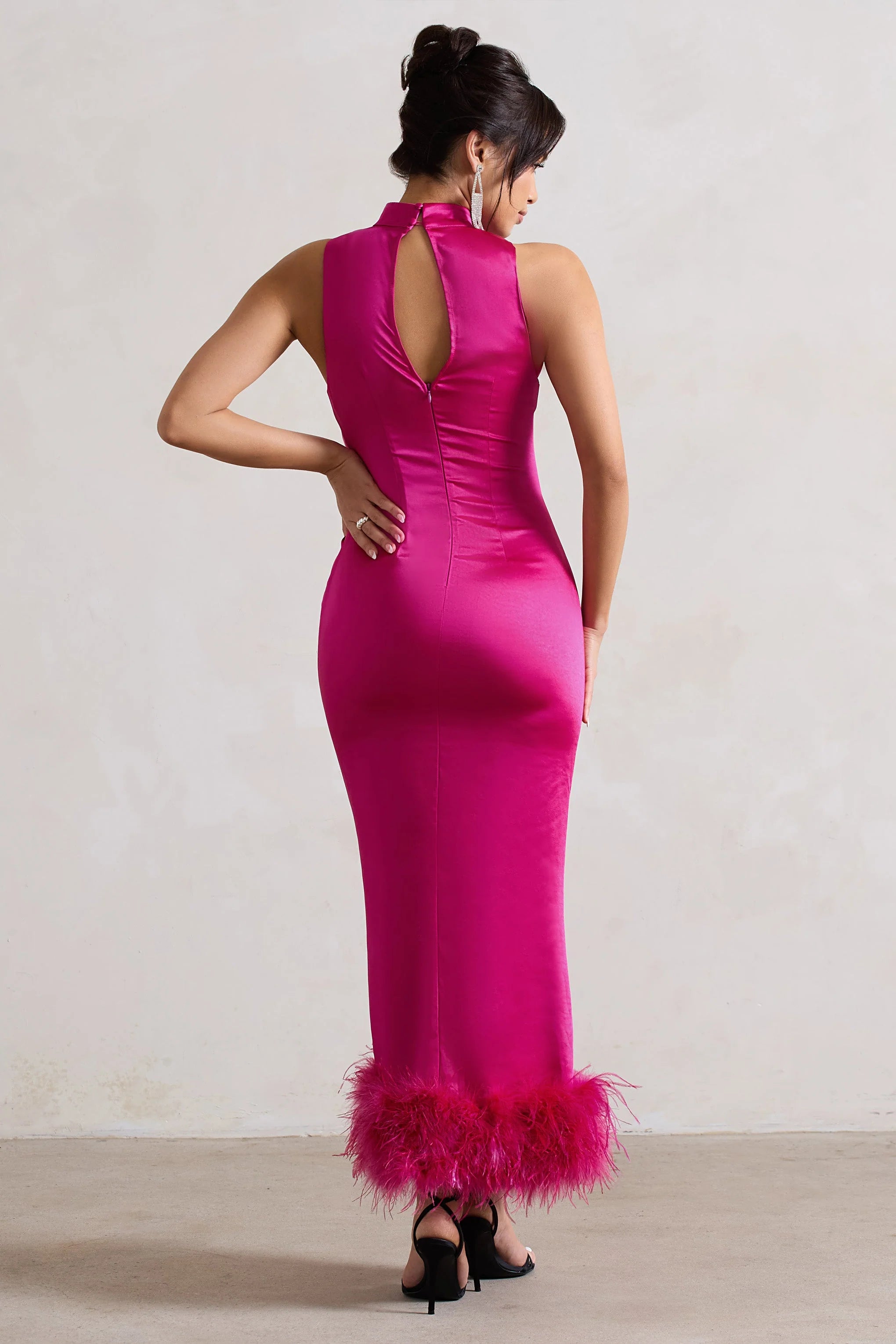 Zoe Dark Pink Satin Twist Split Maxi Dress With Feather Trim