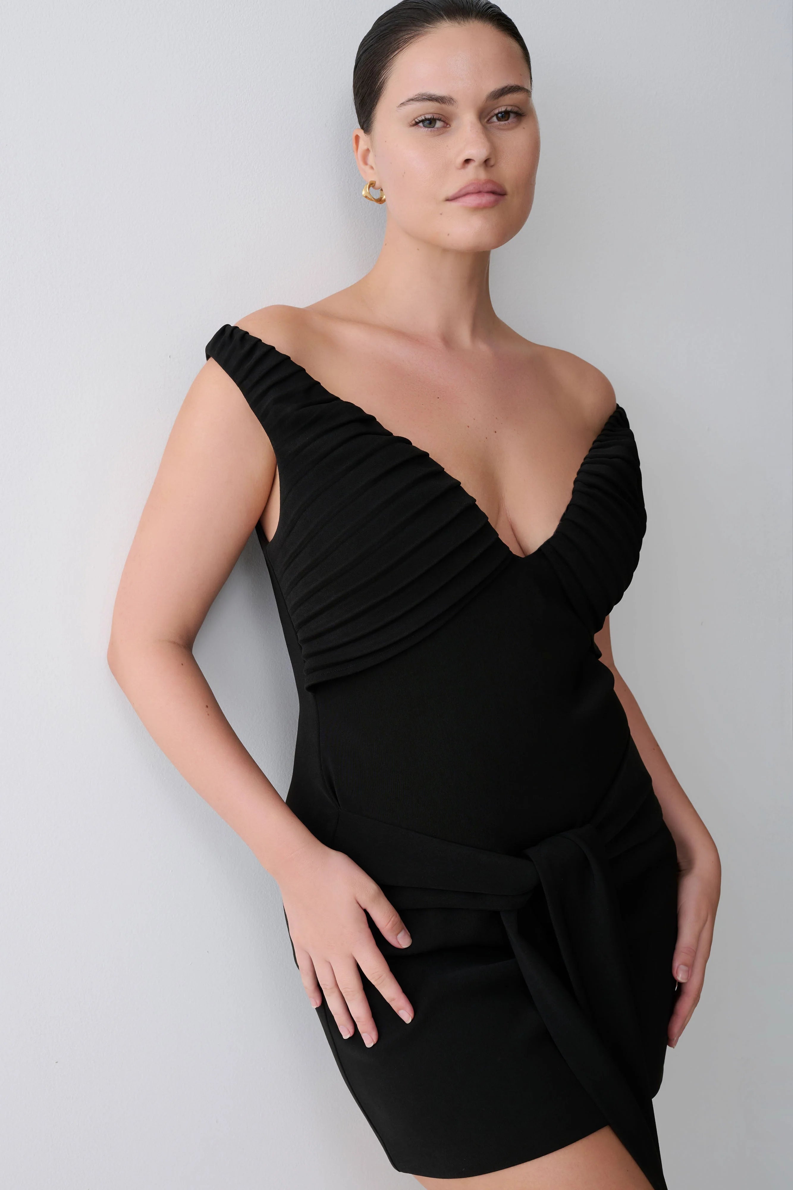 Runa Off Shoulder Mini Dress With Waist Tie Black