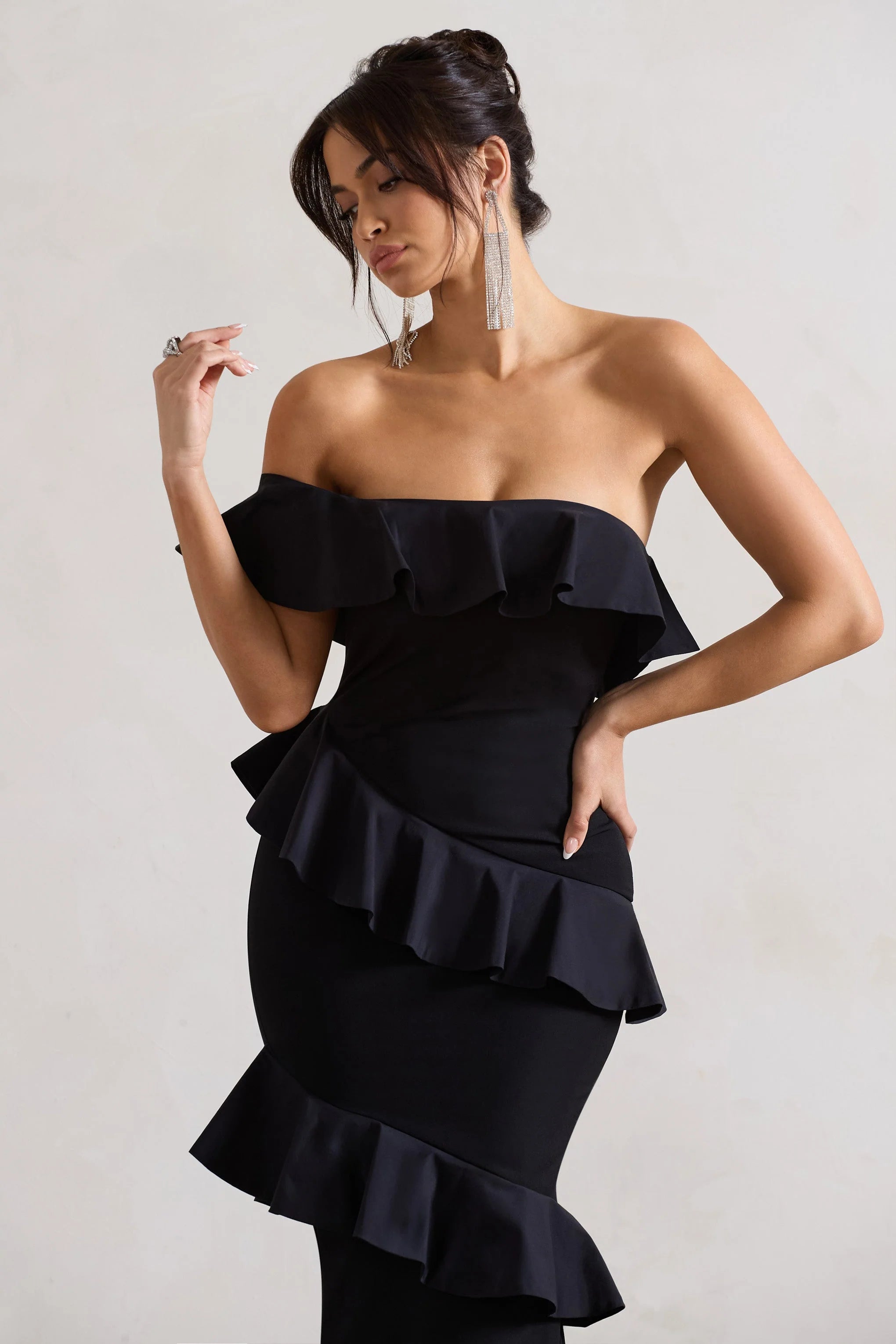 Cinematic Black Bardot Ruffled Fishtail Maxi Dress