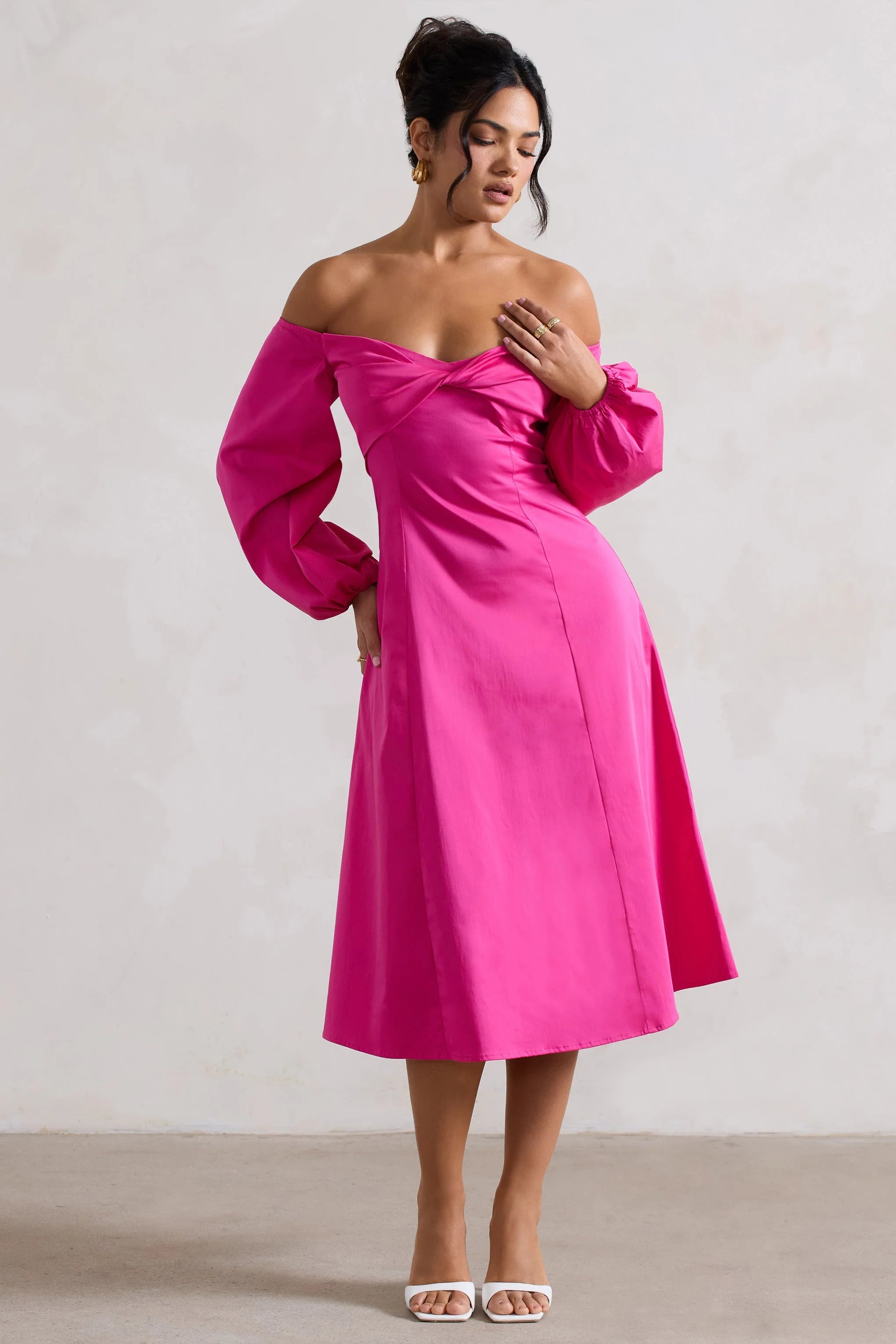 Santino Hot Pink Twisted Bardot Puff Sleeve Midi Dress