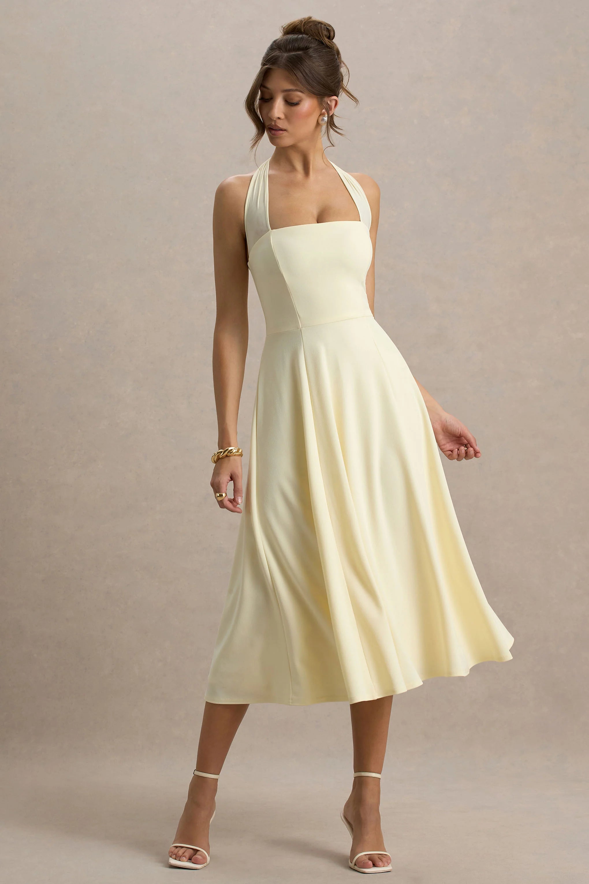 Auburn Pale Lemon Halter Neck Midi Dress