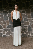 Hailee Slinky And Mesh Halter Maxi Dress Black White