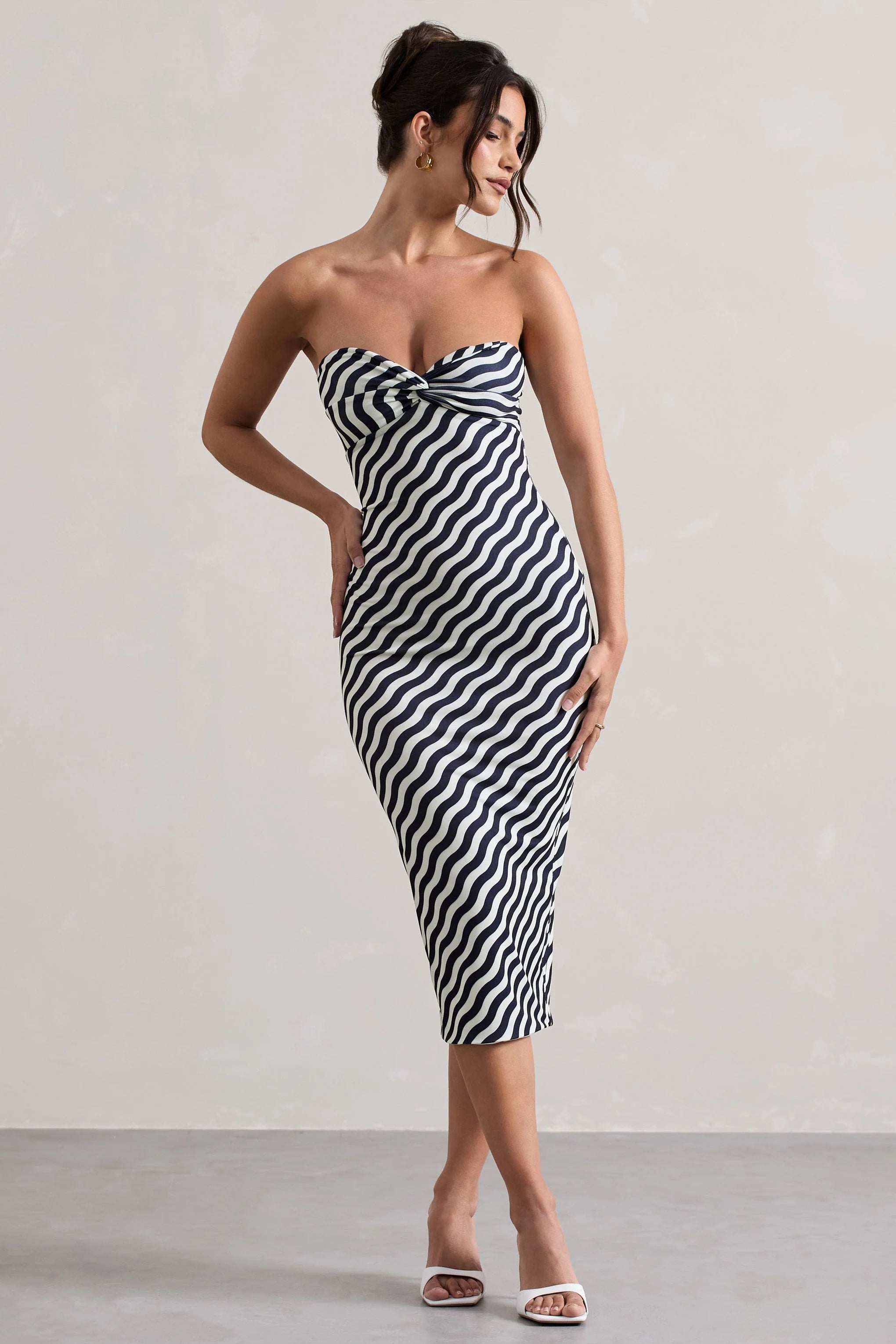 Reese Navy Wave Print Strapless Midi Dress