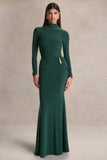 Solarium Dark Green Long Sleeve Maxi Dress With Gold Detail