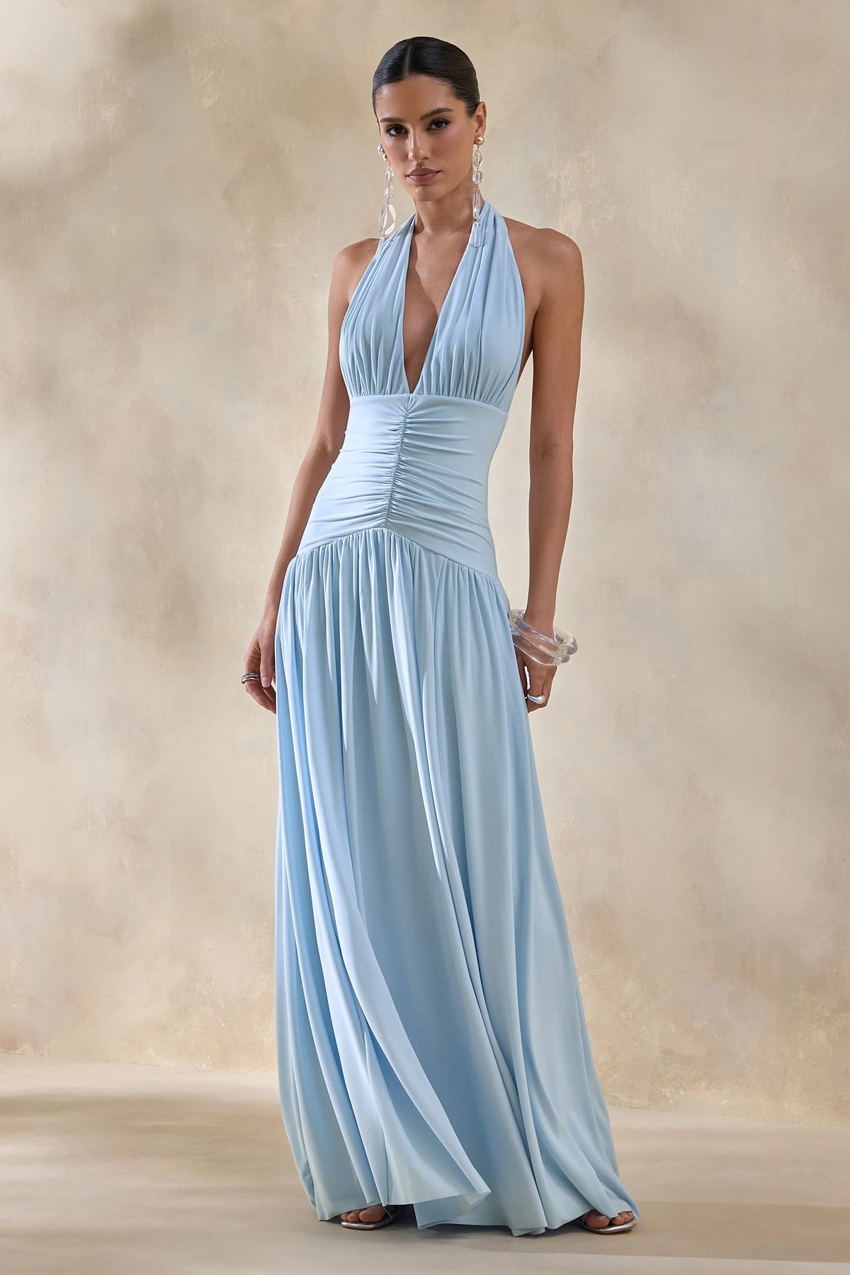 Bettina Powder Blue Plunge Neck Maxi Dress With Gathered Detailing