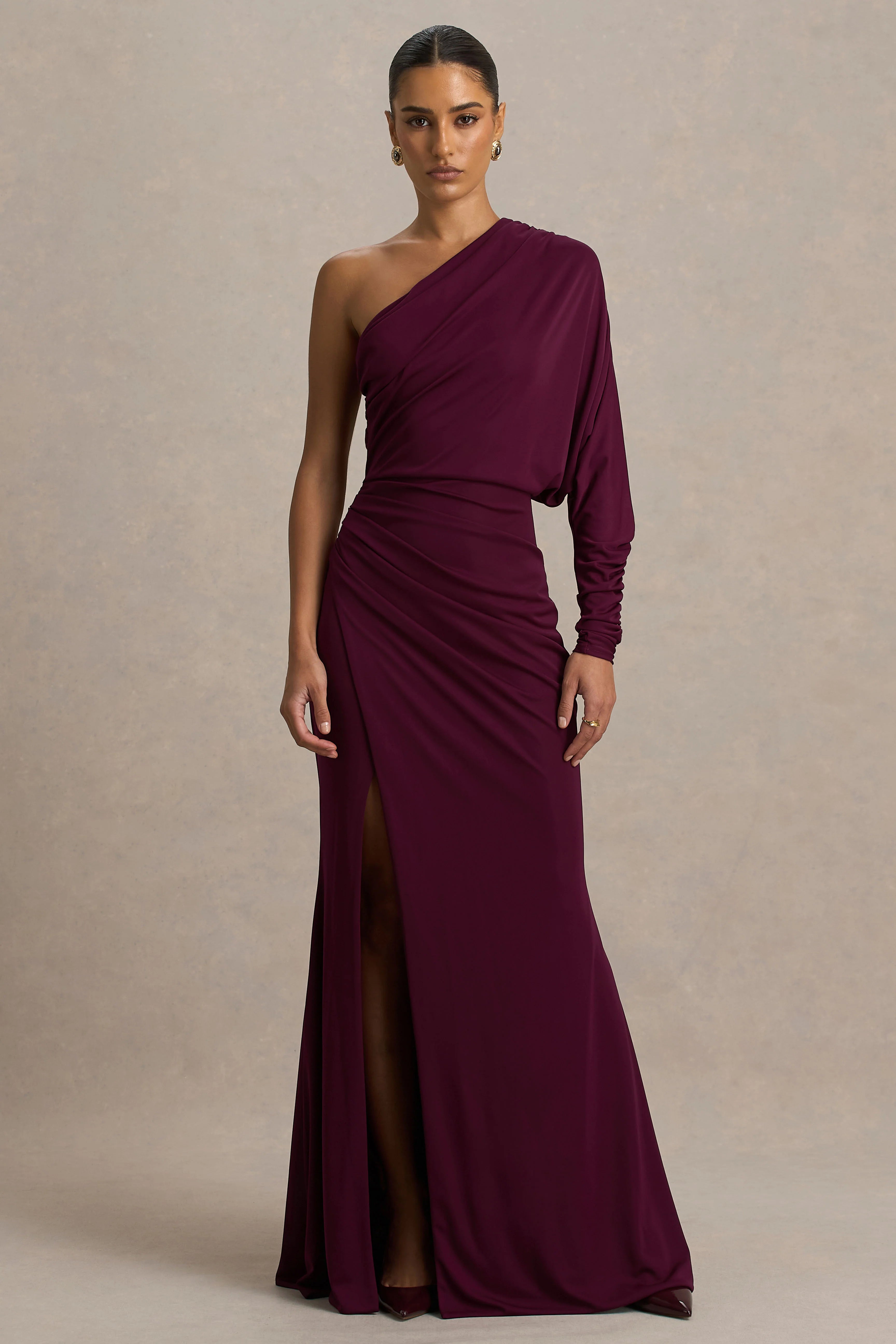 Lola Burgundy Asymmetric Neck Maxi Dress With Ruched Detailing And Front High Split