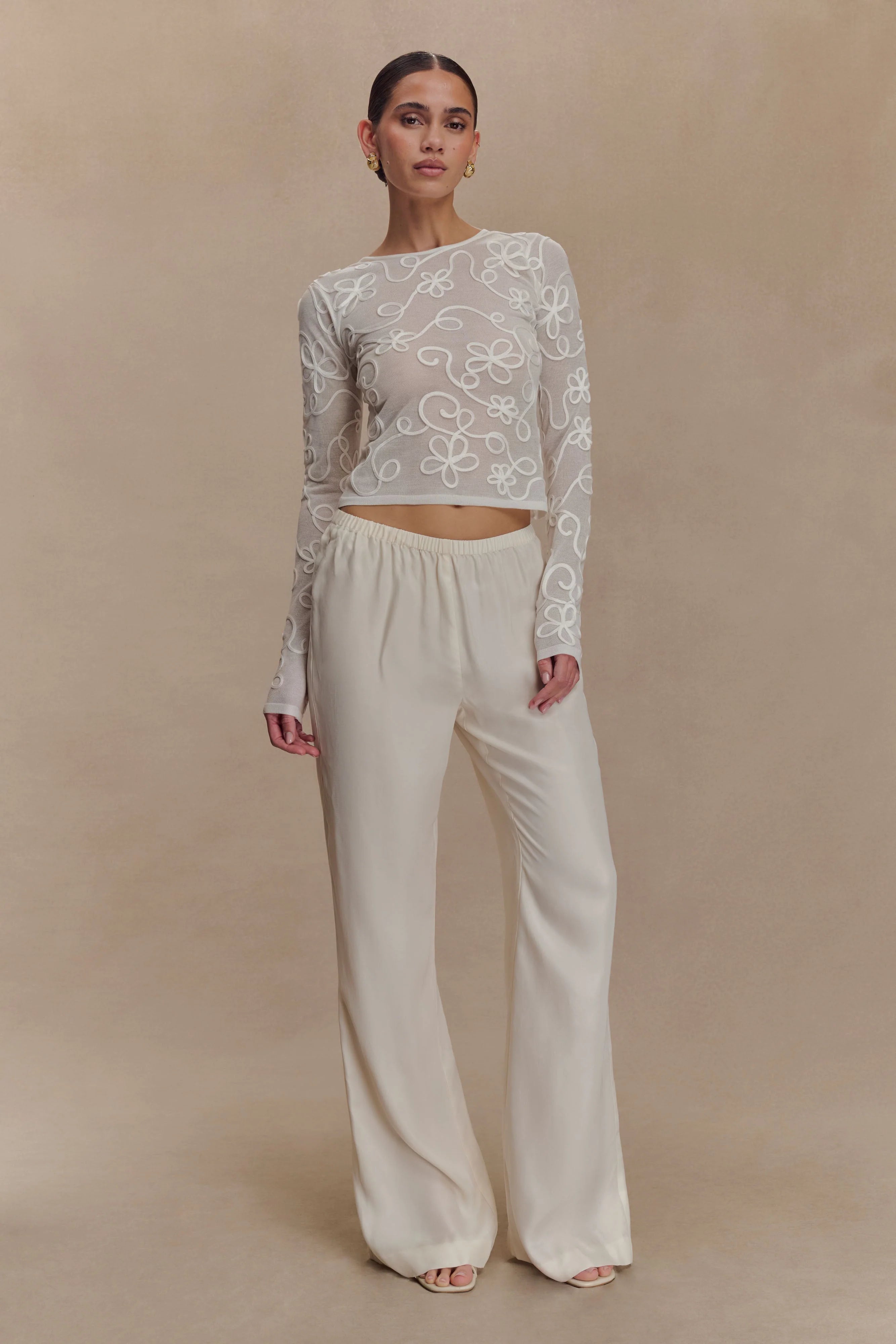 Omari Embroidery Long Sleeve Knit Top Ivory