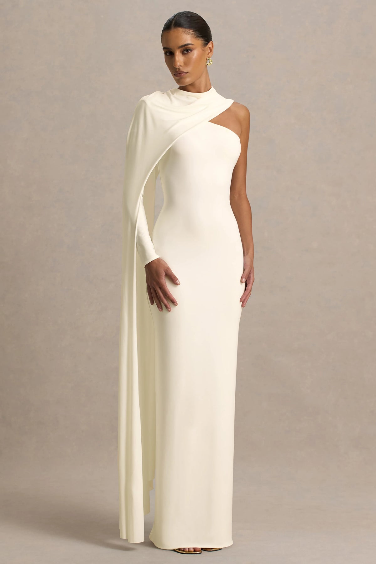 Dawn Cream High Neck Maxi Dress With One Long Cape Sleeve