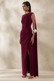 Palomara Burgundy Round Neck Maxi Dress With Sash And Front High Split