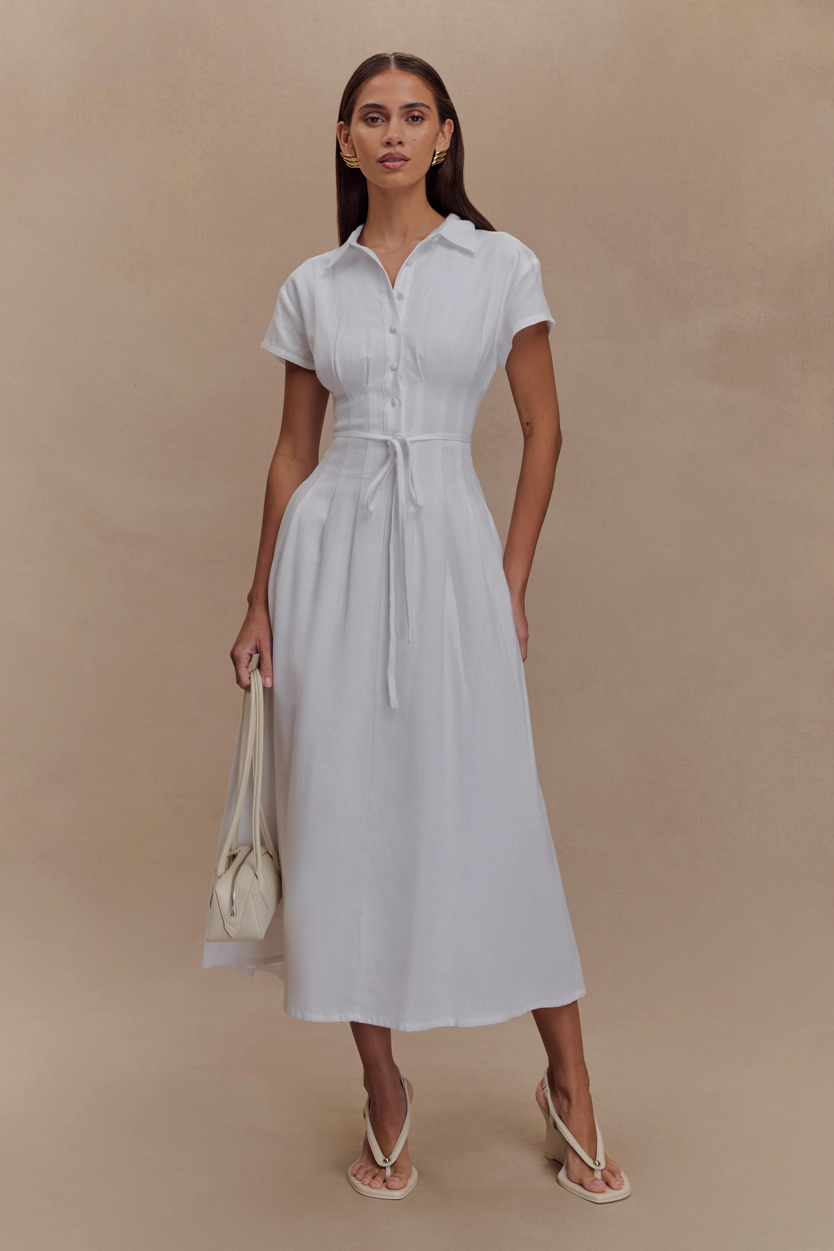 Aysha Buttoned Linen Midi Dress White
