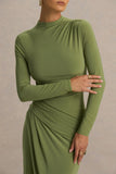Zephyra Olive High Neck Wrapped Maxi Dress