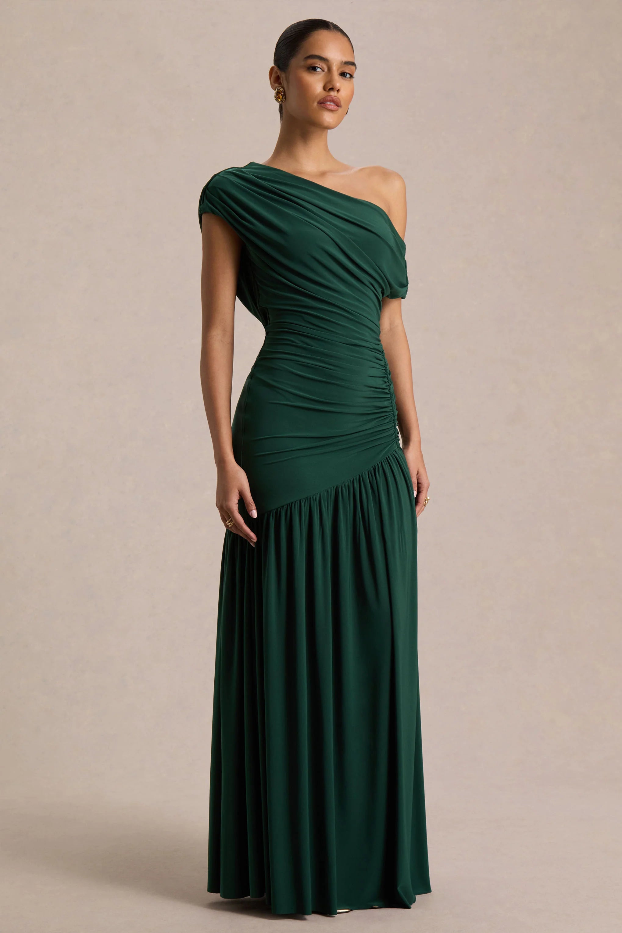 Kady Dark Green Asymmetric Neck Maxi Dress With Ruched Detailing