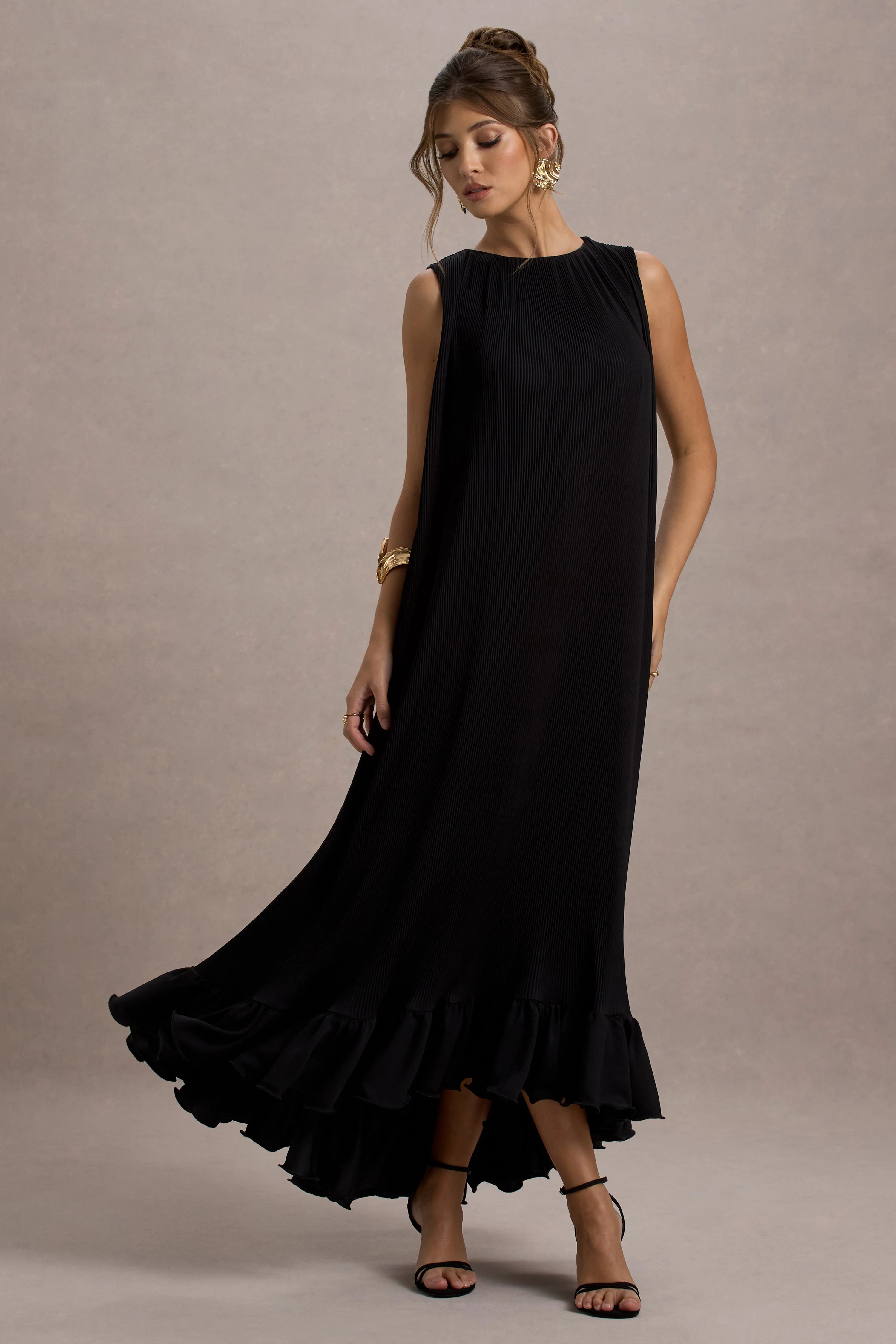 Hazelle Black Chiffon A Line Ruffled Maxi Dress