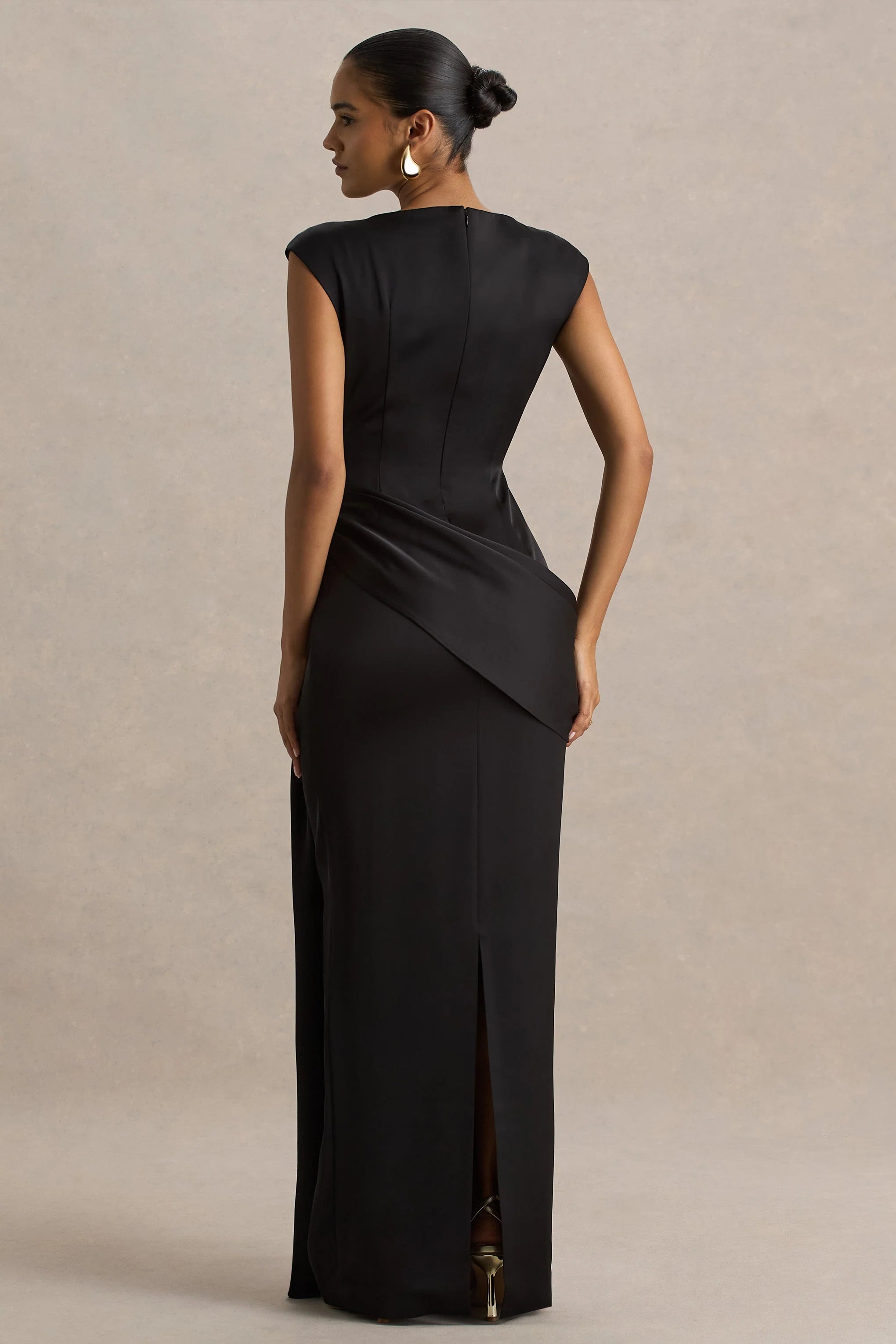 Influence Black Satin Slashed Neck Maxi Dress With Embellished Detail And Sash
