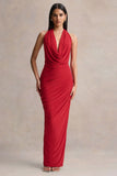 Cairo Red Cowl Neck Maxi Dress With Gathered Detailing