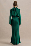 Celina Bottle Green Satin High Neck Maxi Dress