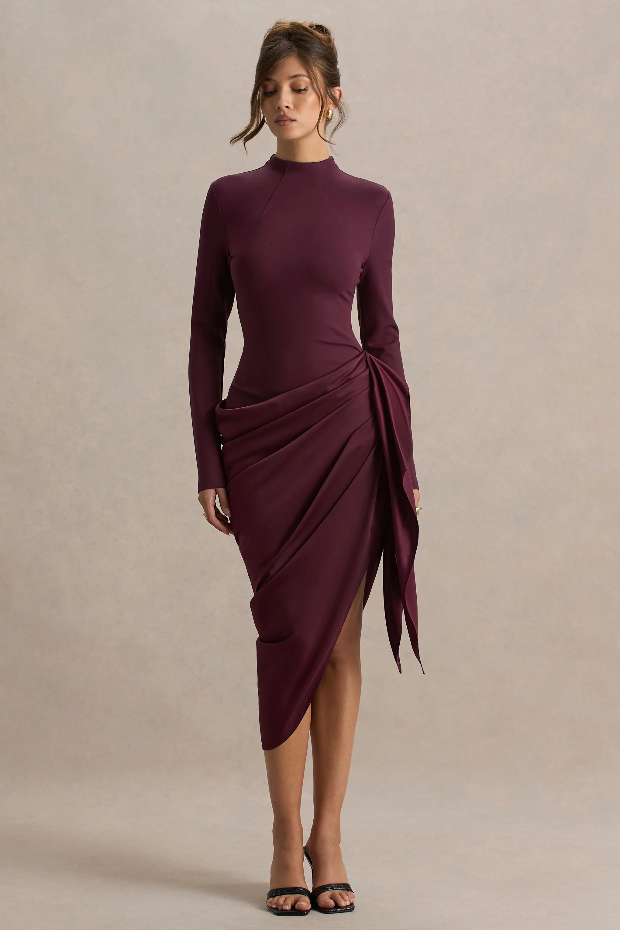 Raffie Plum Long Sleeve Midi Dress With Satin Wrap Skirt
