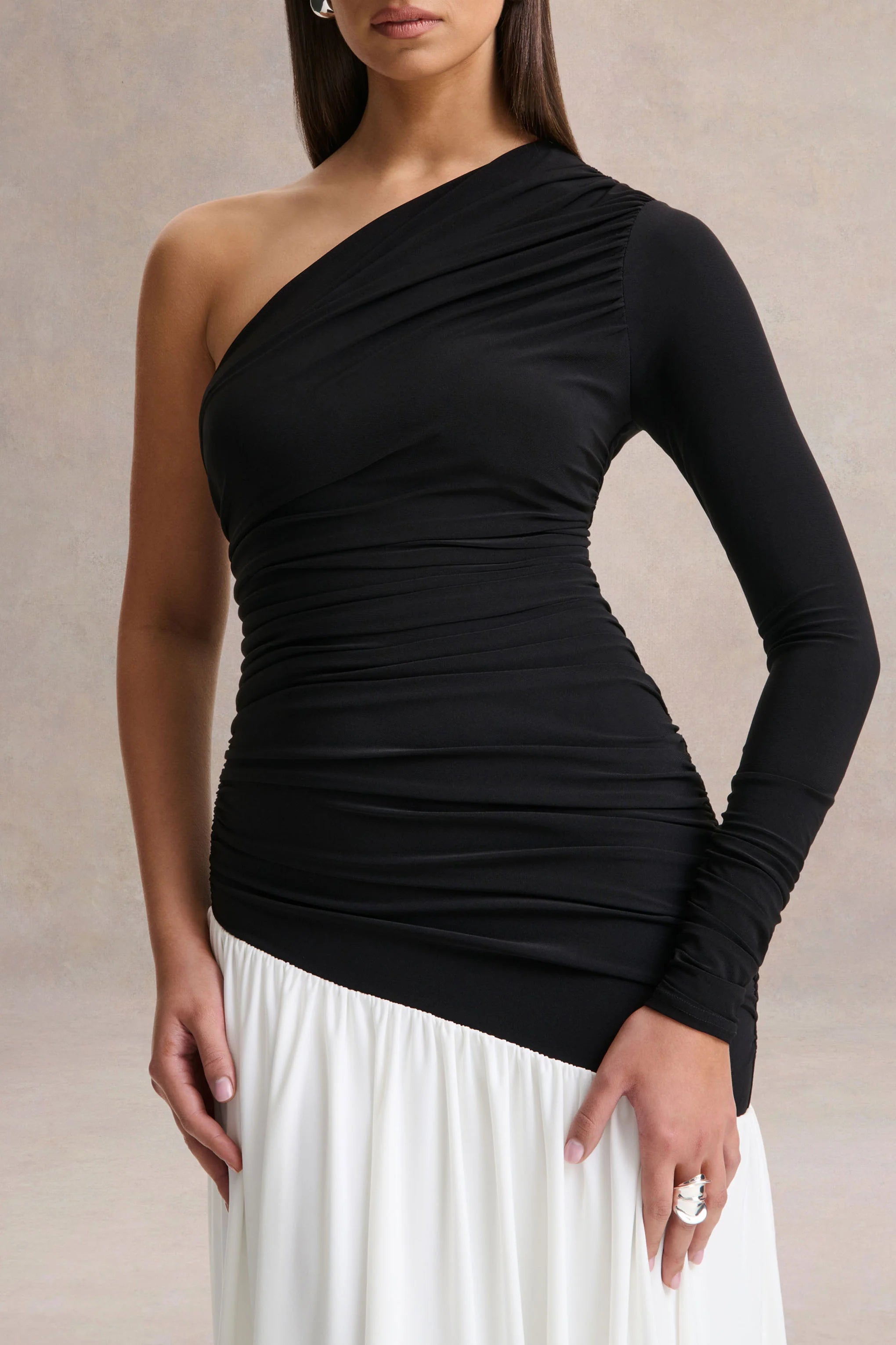Danila Black And White Asymmetric Neck Maxi Dress With Drop Waist