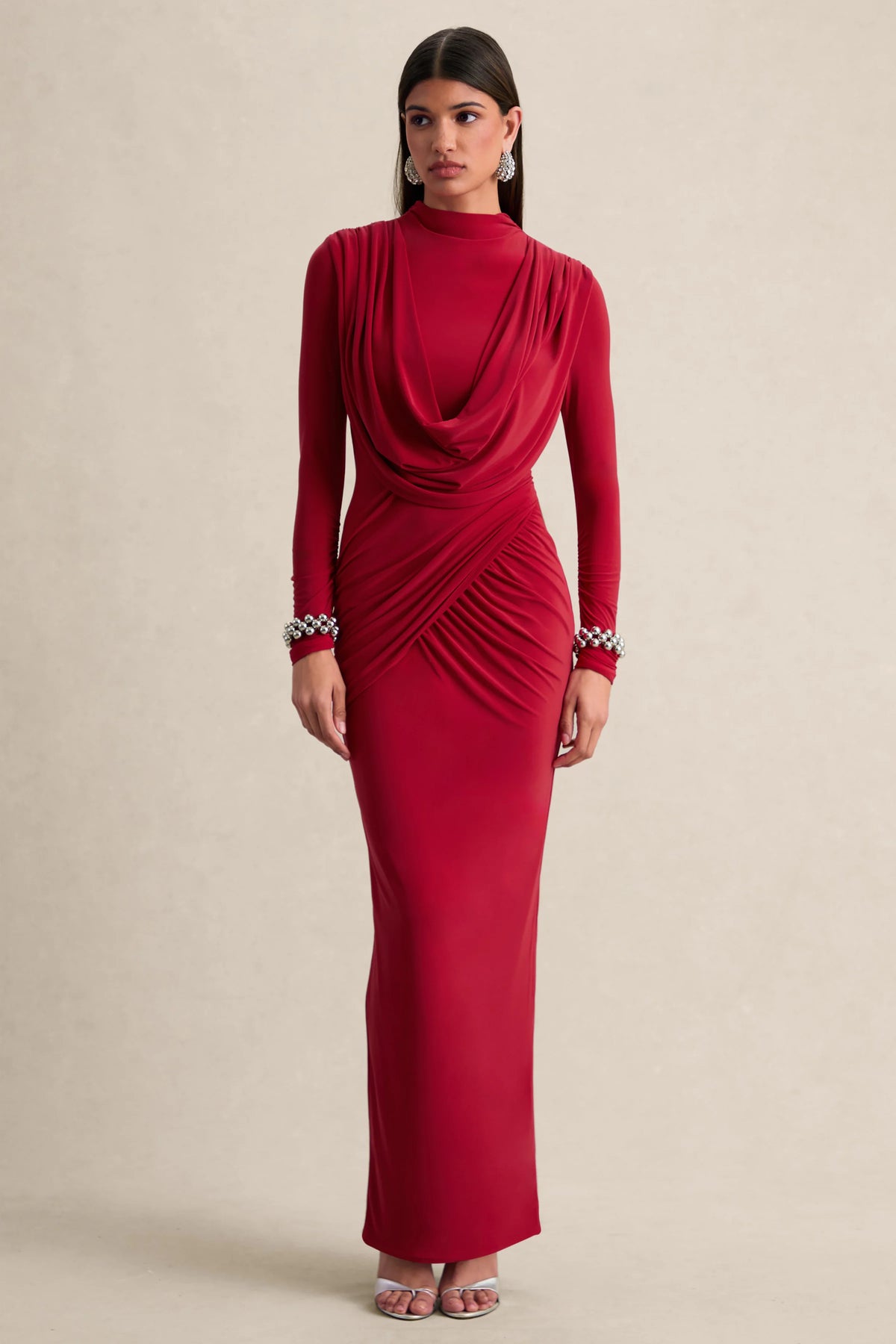 Karinthia Red High Neck Maxi Dress With Draped Detailing