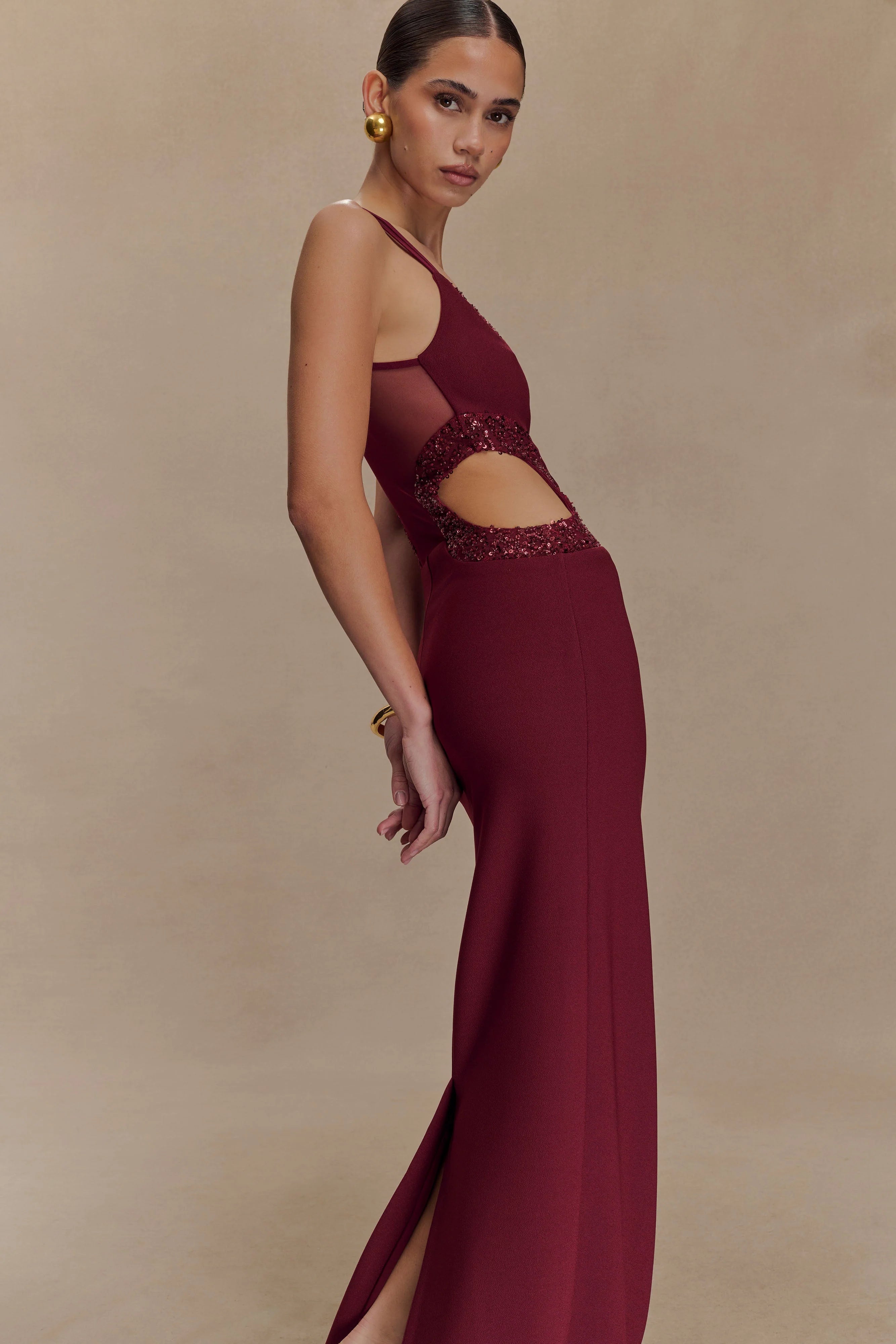 Angelique Beaded Crepe Maxi Dress Wine
