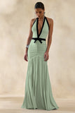 Cosmina Mint Plunge Neck Maxi Dress With Bow Detail
