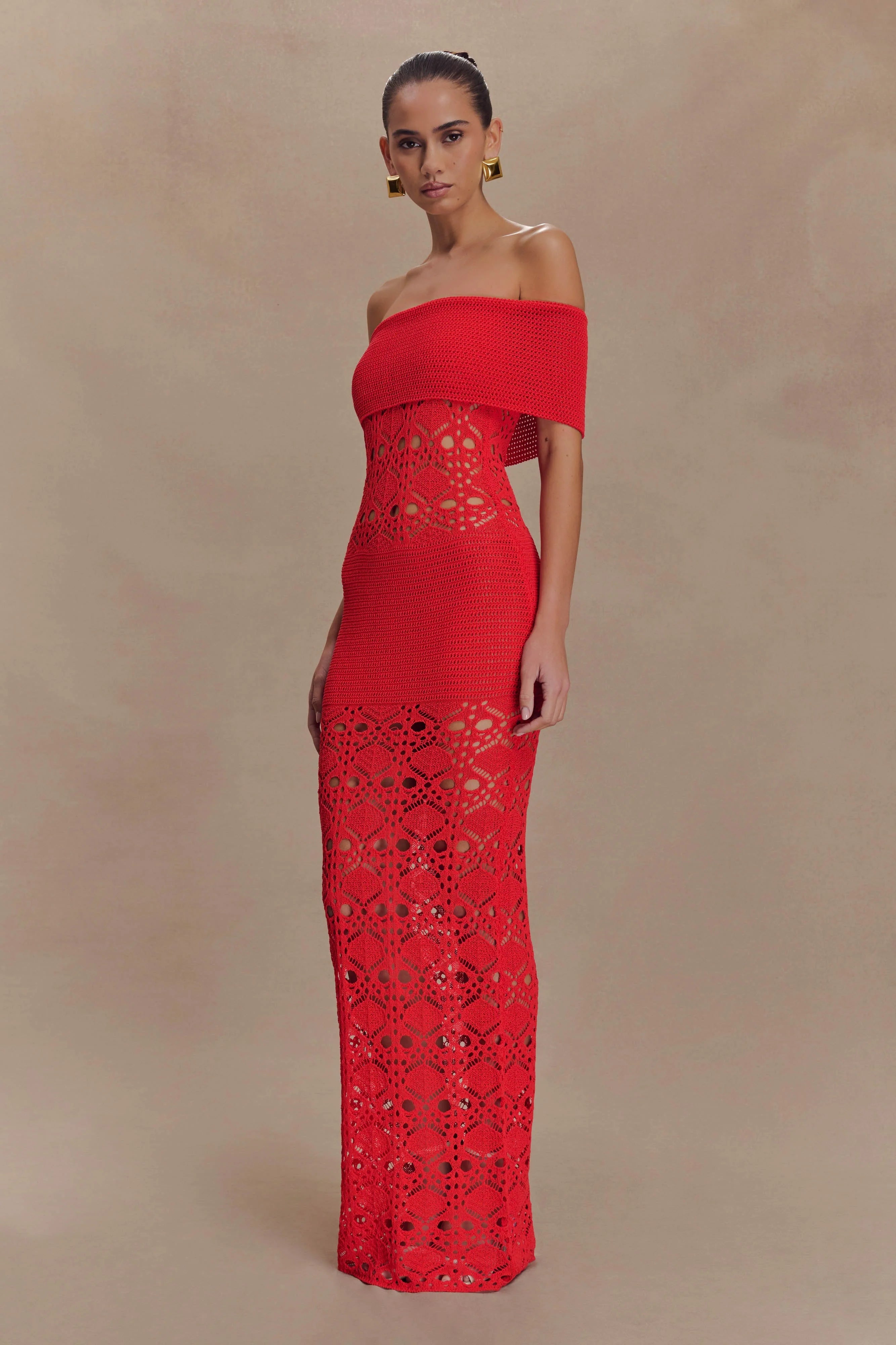 Solstice Off Shoulder Crochet Knit Maxi Dress Blood Orange