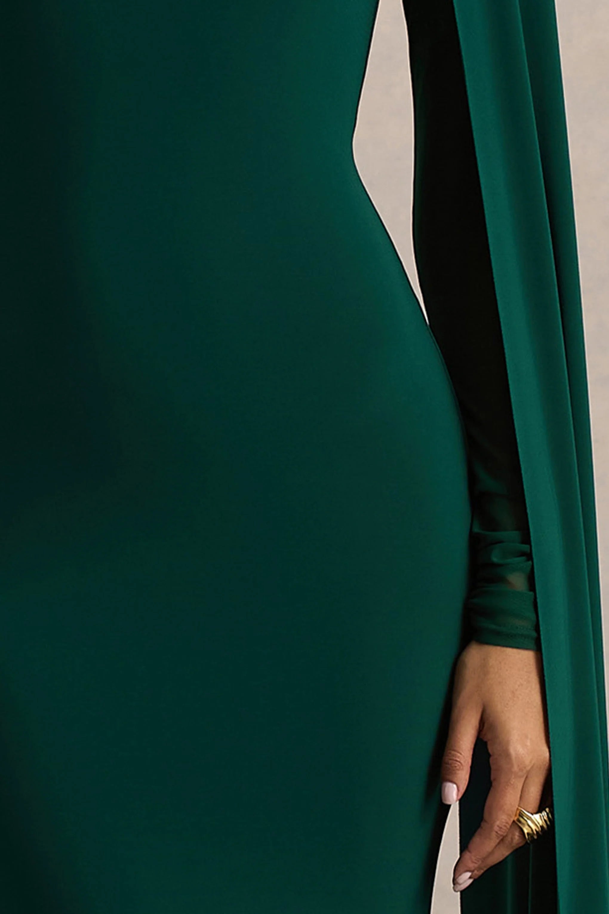 Isla Bottle Green Crew Neck Maxi Dress With Cape Sleeve