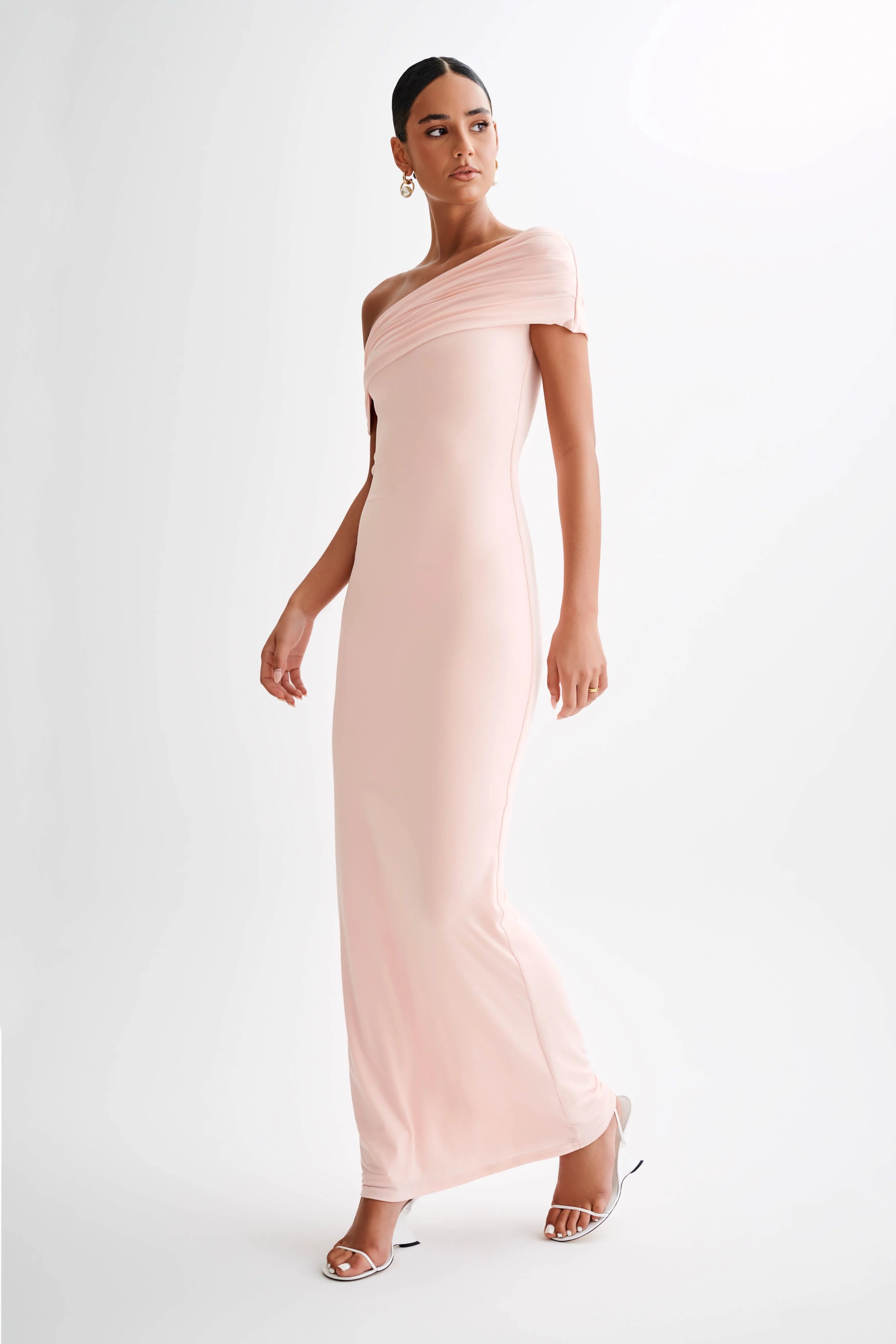 Cassandra Off Shoulder Slinky Maxi Dress Pale Pink
