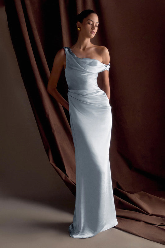Dalia Off Shoulder Satin Maxi Dress - Frosted Blue