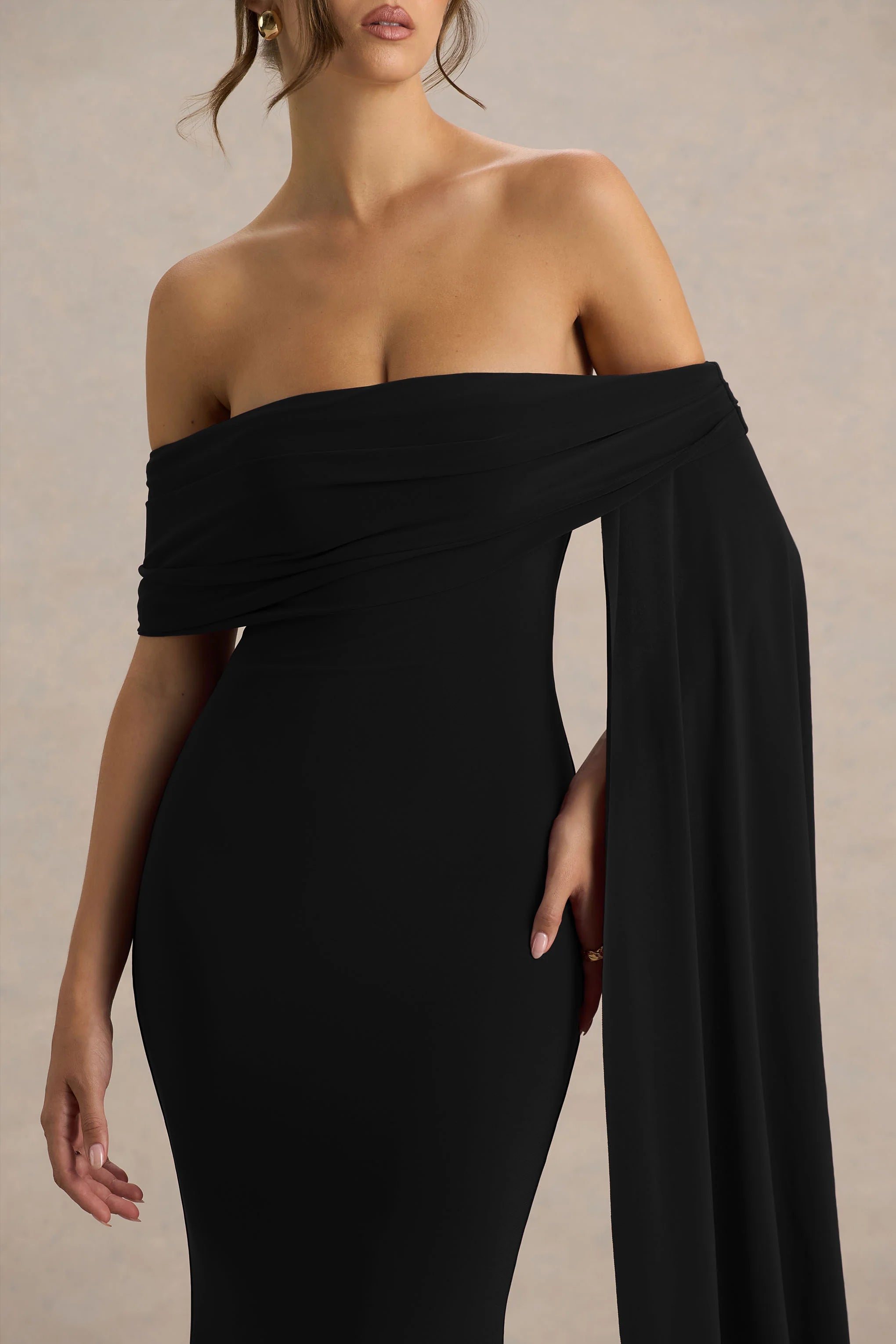 Saffina Black Bardot Neck Maxi Dress With Sash Detail