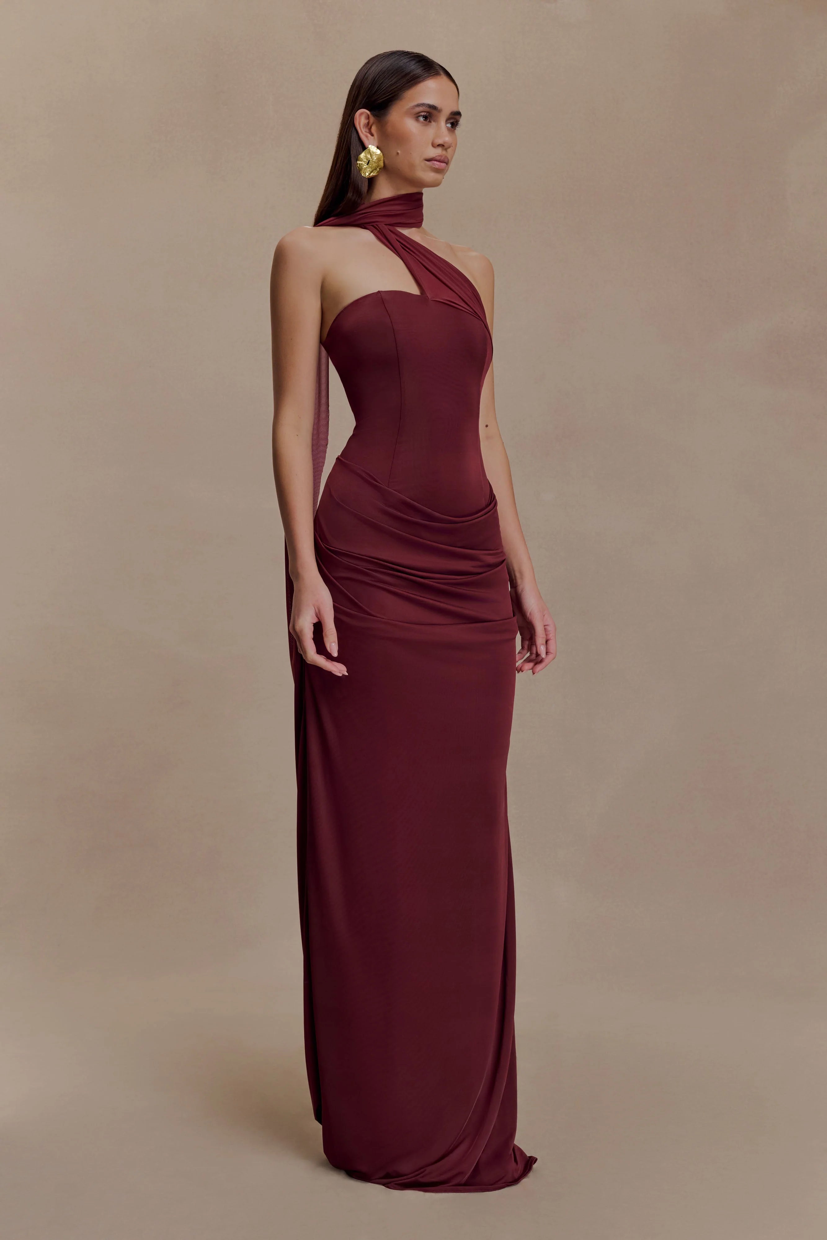 Mattea Slinky And Mesh Maxi Dress With Scarf Burgundy
